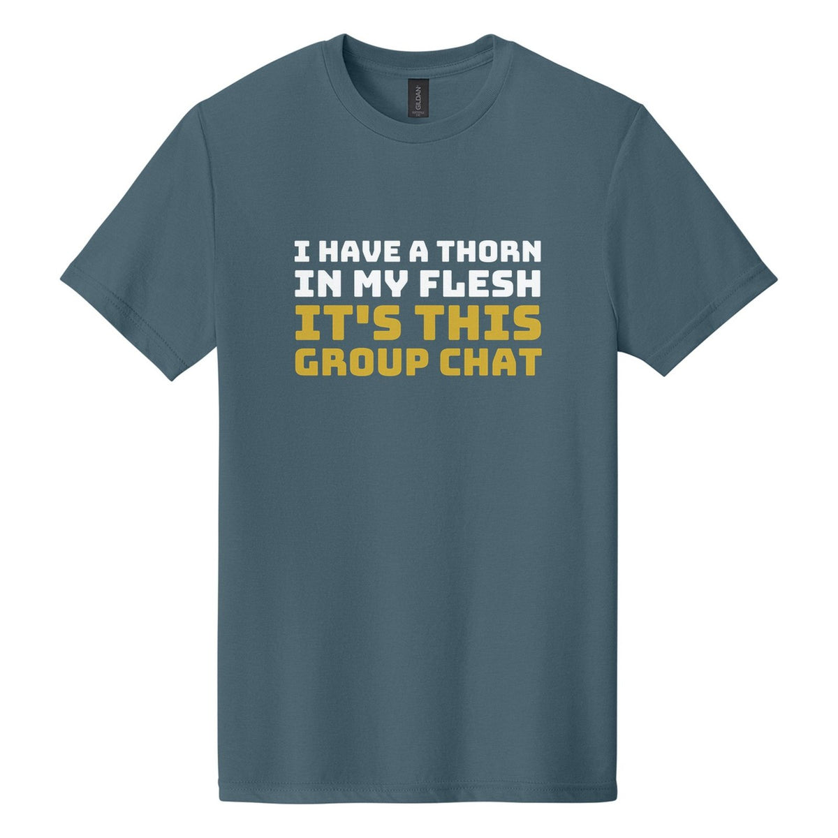 I Have a Thorn in My Flesh. It's This Group Chat tee in Steel Blue, Bungee font, White + Metallic Gold ink