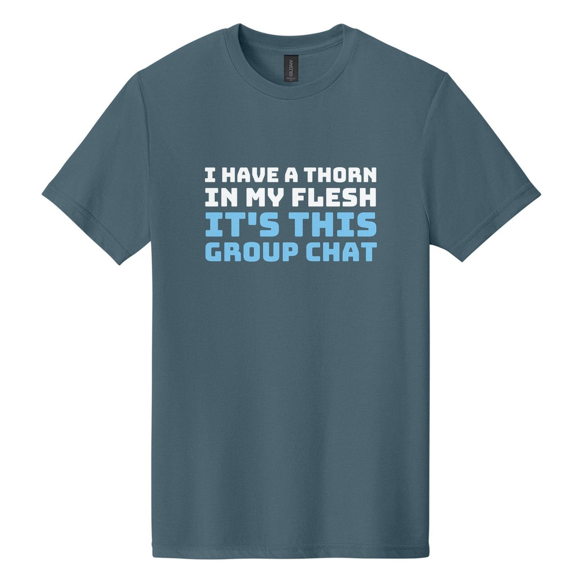 I Have a Thorn in My Flesh. It's This Group Chat tee in Steel Blue, Bungee font, White + Sky Blue ink