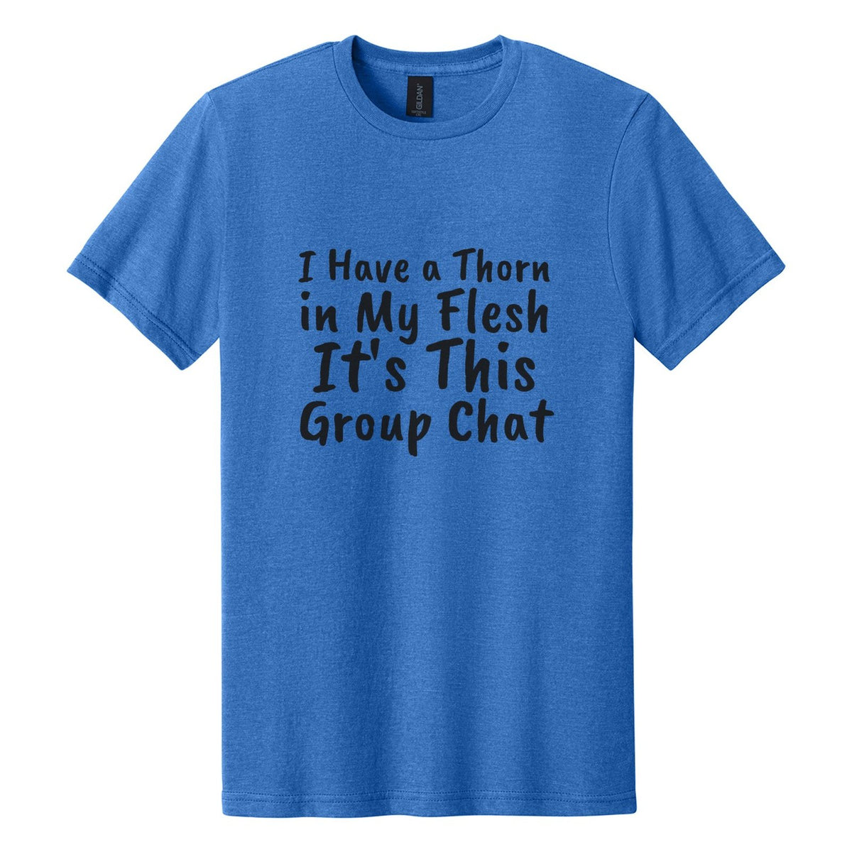 I Have a Thorn in My Flesh. It's This Group Chat tee in Royal Mist, Caveat Brush font, Black ink