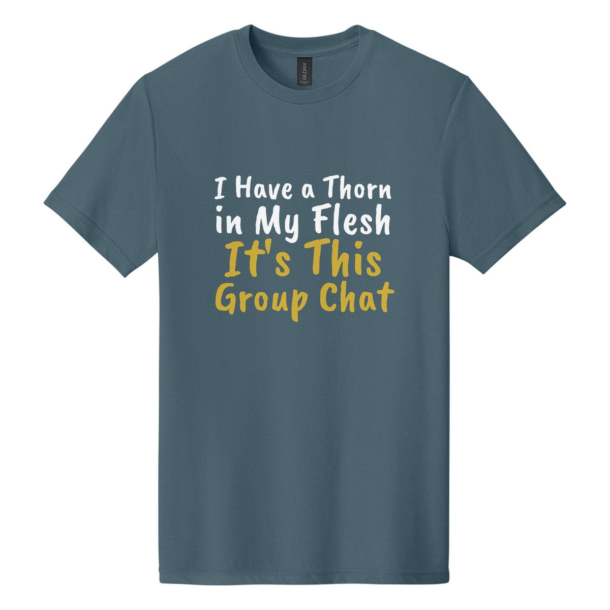 I Have a Thorn in My Flesh. It's This Group Chat tee in Steel Blue, Caveat Brush font, White + Metallic Gold ink