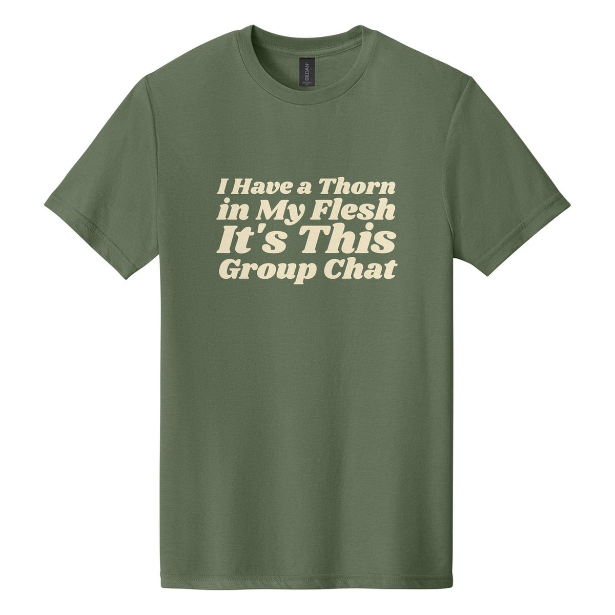I Have a Thorn in My Flesh. It's This Group Chat tee in Cactus, Shrikhand font, Cream ink