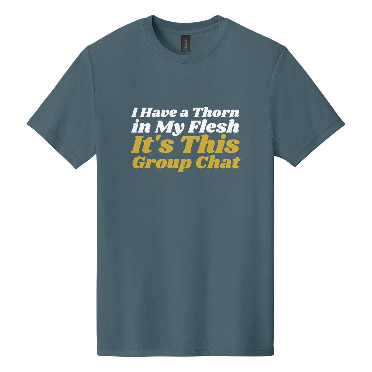 I Have a Thorn in My Flesh. It's This Group Chat tee in Steel Blue, Shrikhand font, White + Metallic Gold ink