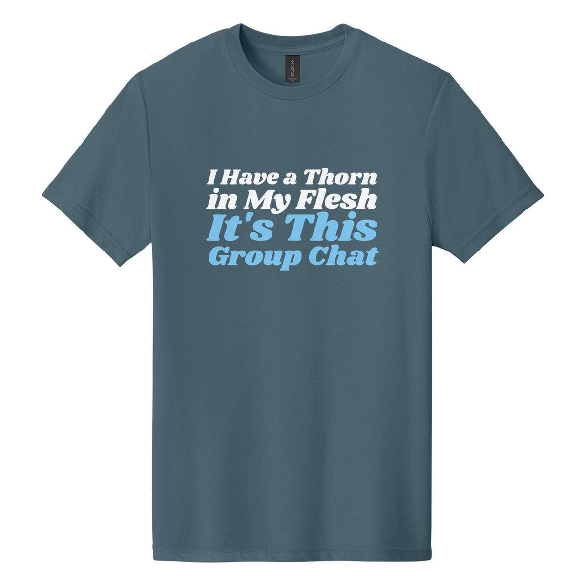 I Have a Thorn in My Flesh. It's This Group Chat tee in Steel Blue, Shrikhand font, White + Sky Blue ink