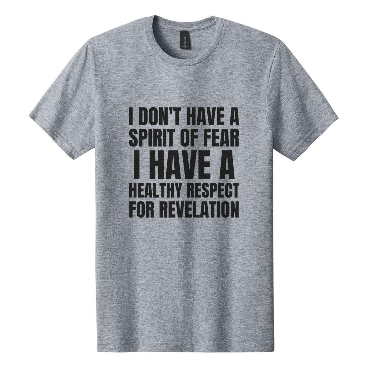 I Don't Have a Spirit of Fear. I Have a Healthy Respect for Revelation tee in Ring Spun Sport Grey, Anton font, Black ink