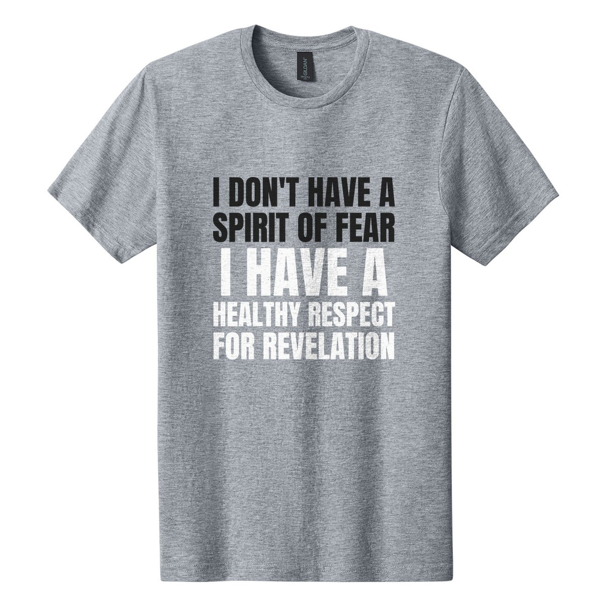 I Don't Have a Spirit of Fear. I Have a Healthy Respect for Revelation tee in Ring Spun Sport Grey, Anton font, Black + White ink
