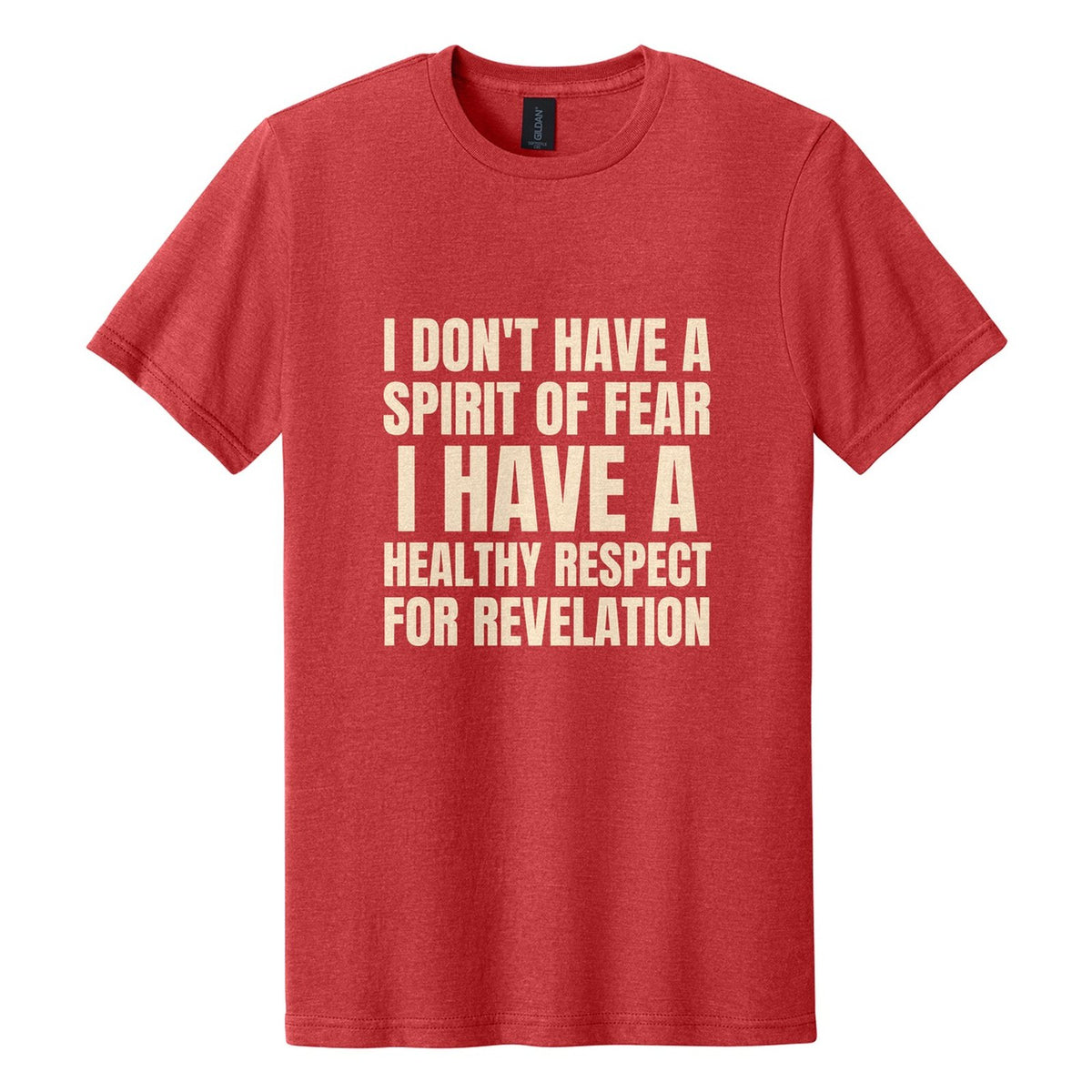 I Don't Have a Spirit of Fear. I Have a Healthy Respect for Revelation tee in Red Mist, Anton font, Cream ink