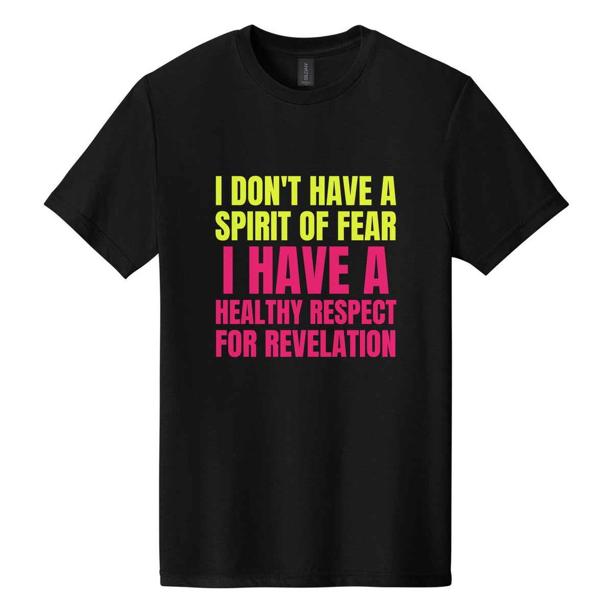 I Don't Have a Spirit of Fear. I Have a Healthy Respect for Revelation tee in Pitch Black, Anton font, Neon Yellow + Hot Pink ink