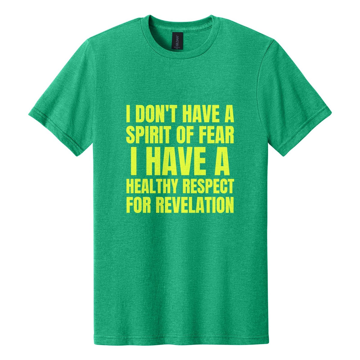 I Don't Have a Spirit of Fear. I Have a Healthy Respect for Revelation tee in Kelly Mist, Anton font, Neon Yellow ink