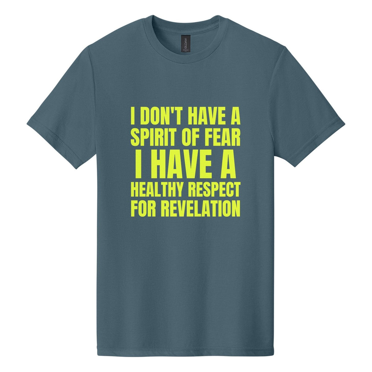 I Don't Have a Spirit of Fear. I Have a Healthy Respect for Revelation tee in Steel Blue, Anton font, Neon Yellow ink