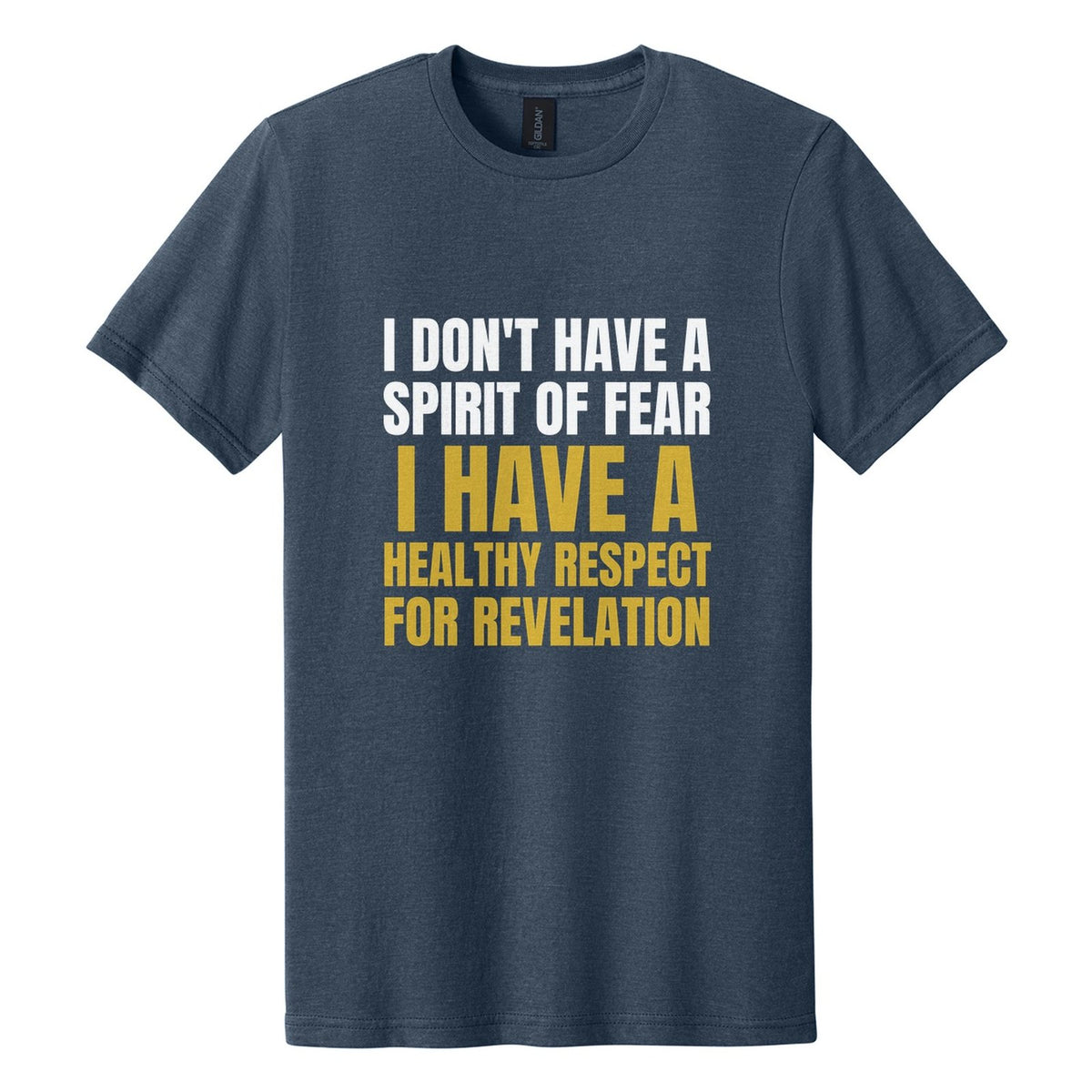 I Don't Have a Spirit of Fear. I Have a Healthy Respect for Revelation tee in Navy Mist, Anton font, White + Metallic Gold ink