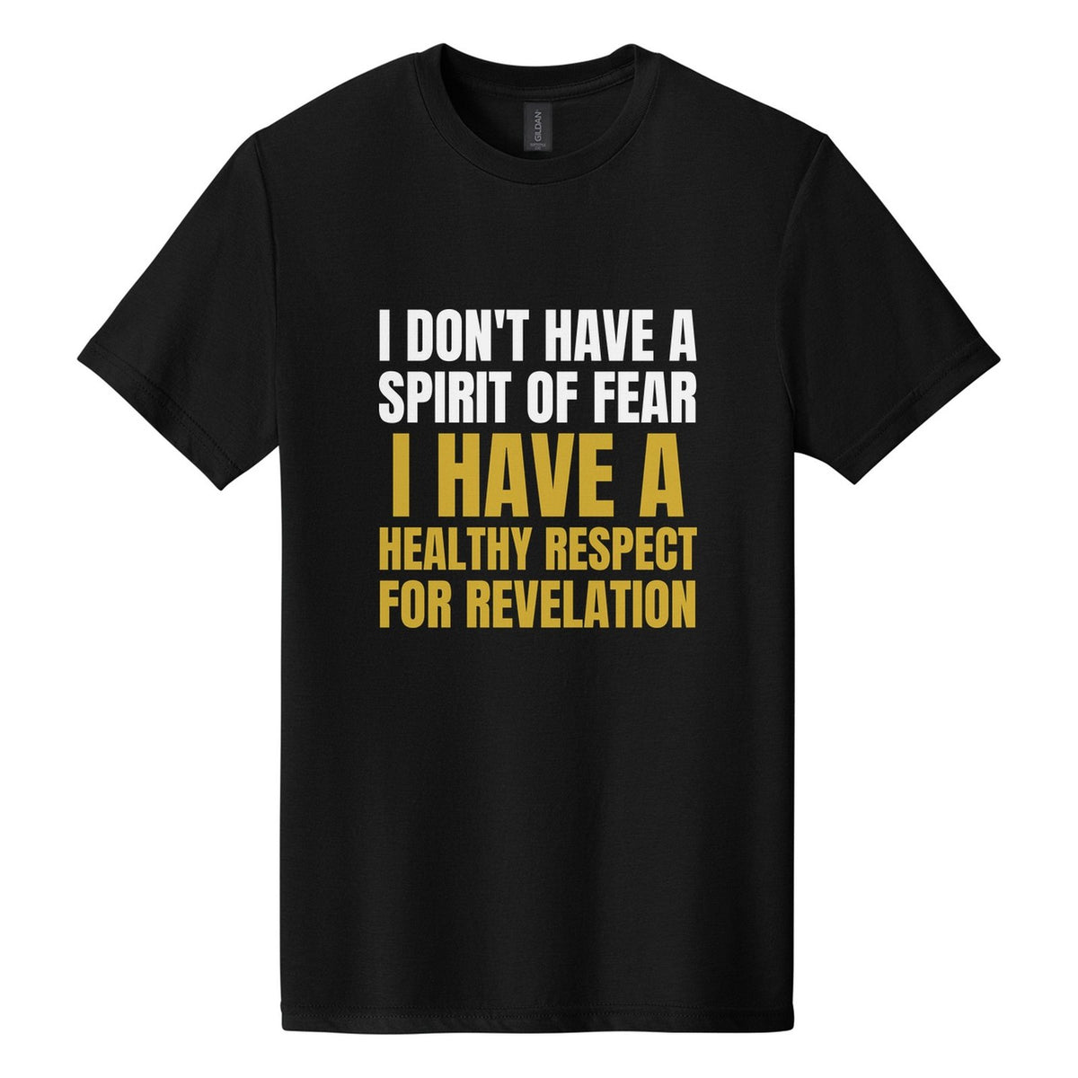 I Don't Have a Spirit of Fear. I Have a Healthy Respect for Revelation tee in Pitch Black, Anton font, White + Metallic Gold ink