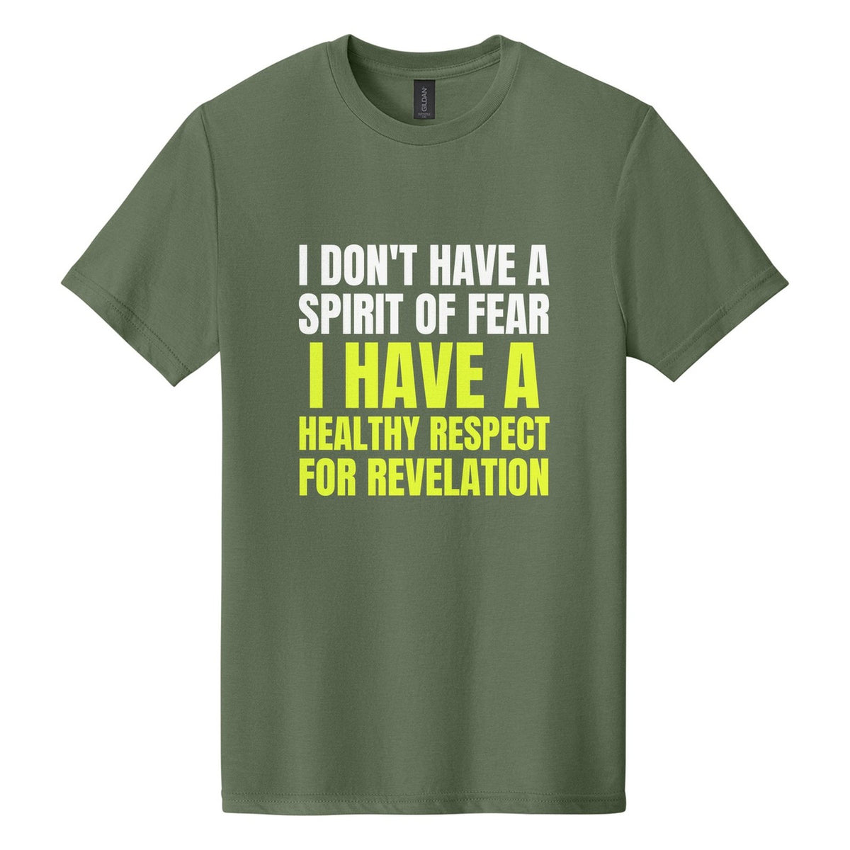 I Don't Have a Spirit of Fear. I Have a Healthy Respect for Revelation tee in Cactus, Anton font, White + Neon Yellow ink