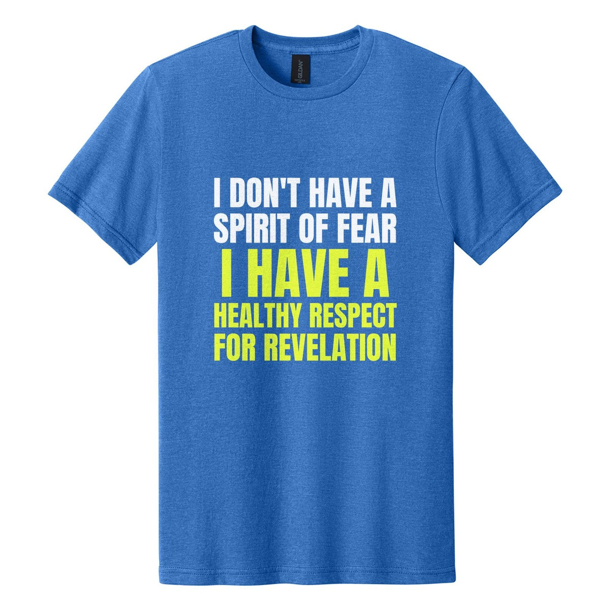 I Don't Have a Spirit of Fear. I Have a Healthy Respect for Revelation tee in Royal Mist, Anton font, White + Neon Yellow ink