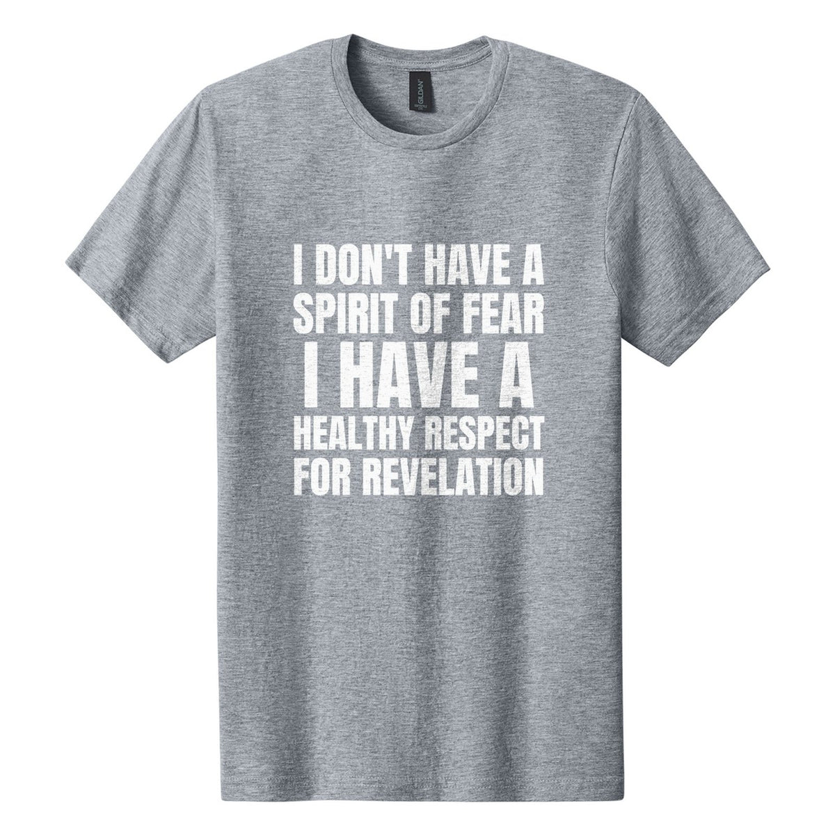 I Don't Have a Spirit of Fear. I Have a Healthy Respect for Revelation tee in Ring Spun Sport Grey, Anton font, White ink