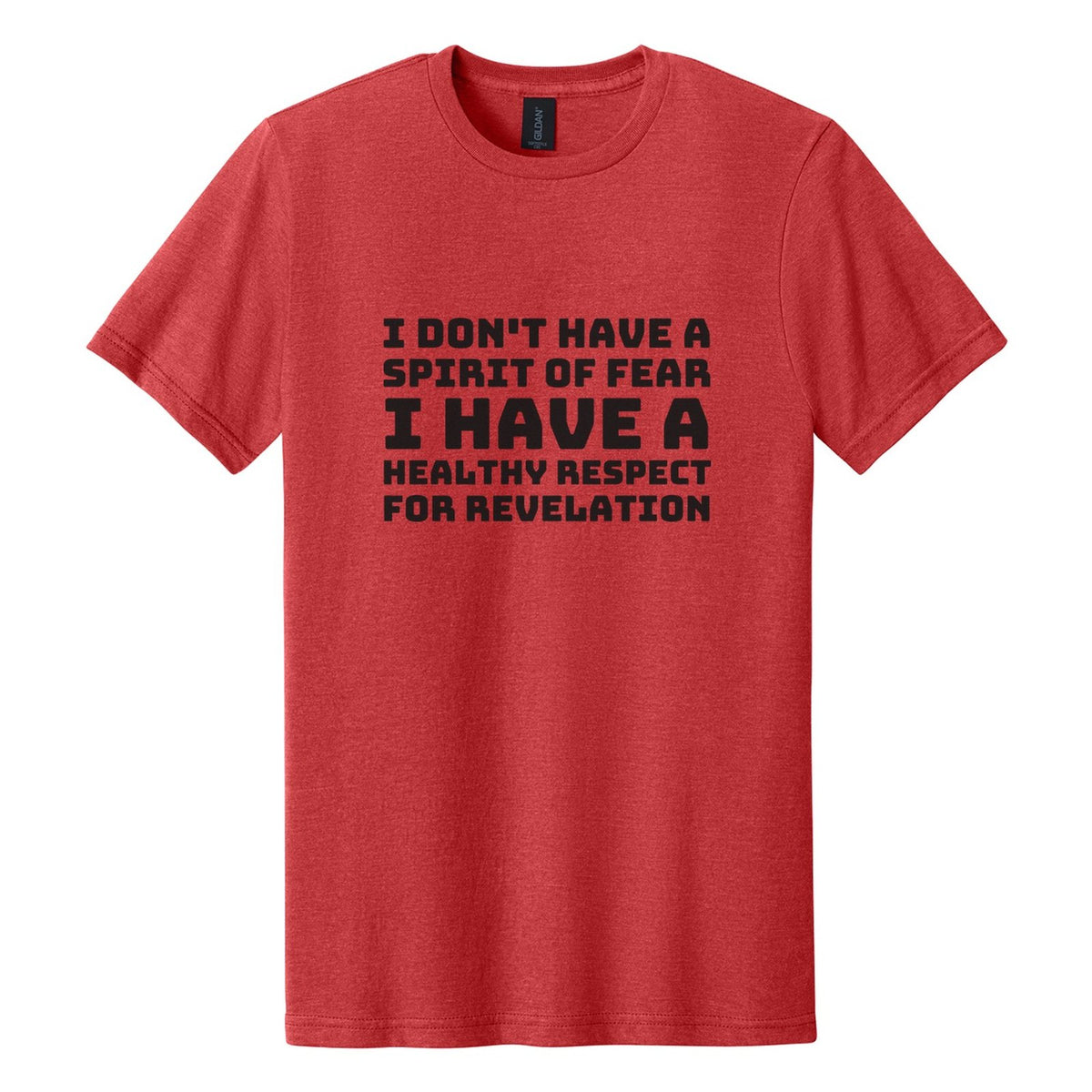 I Don't Have a Spirit of Fear. I Have a Healthy Respect for Revelation tee in Red Mist, Bungee font, Black ink