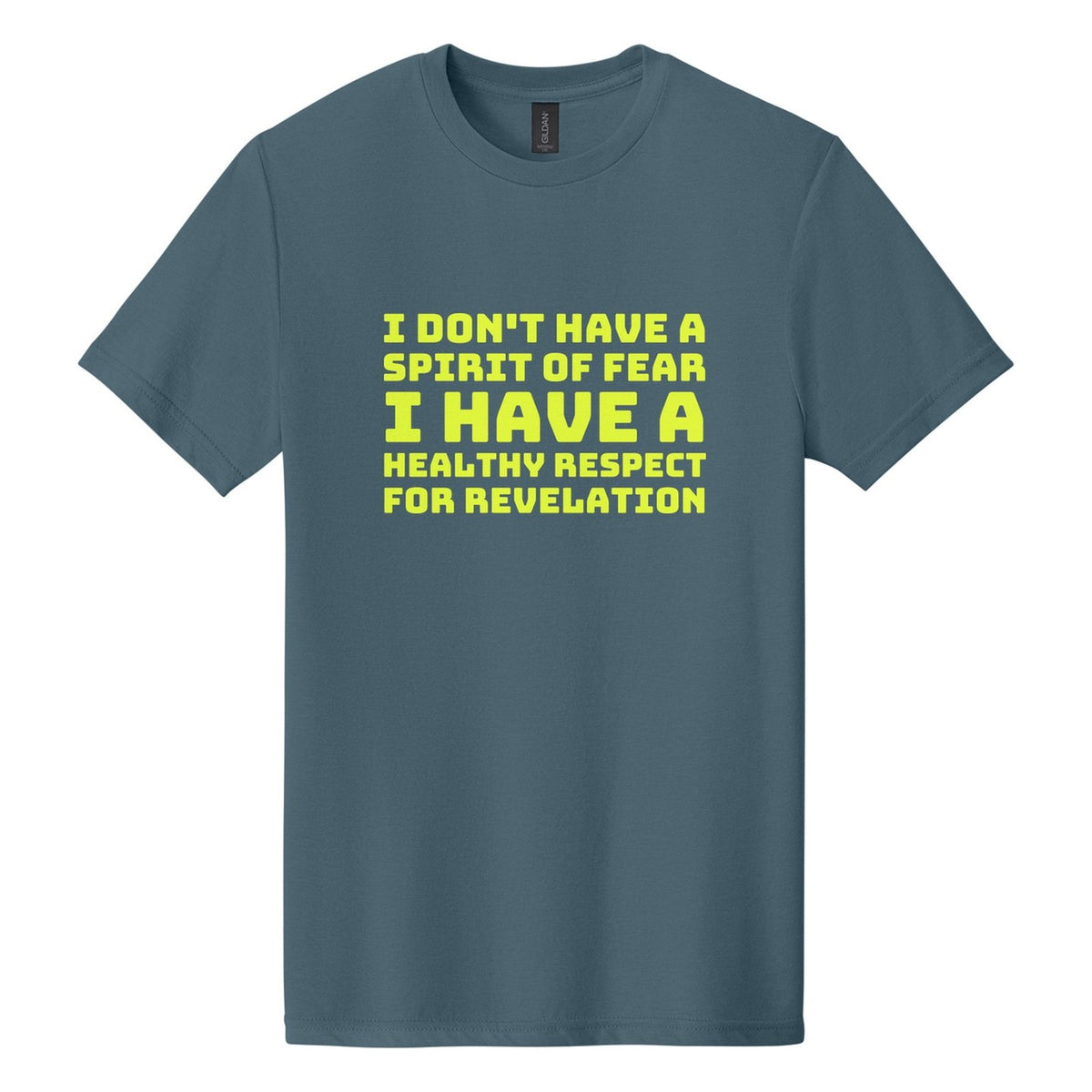 I Don't Have a Spirit of Fear. I Have a Healthy Respect for Revelation tee in Steel Blue, Bungee font, Neon Yellow ink