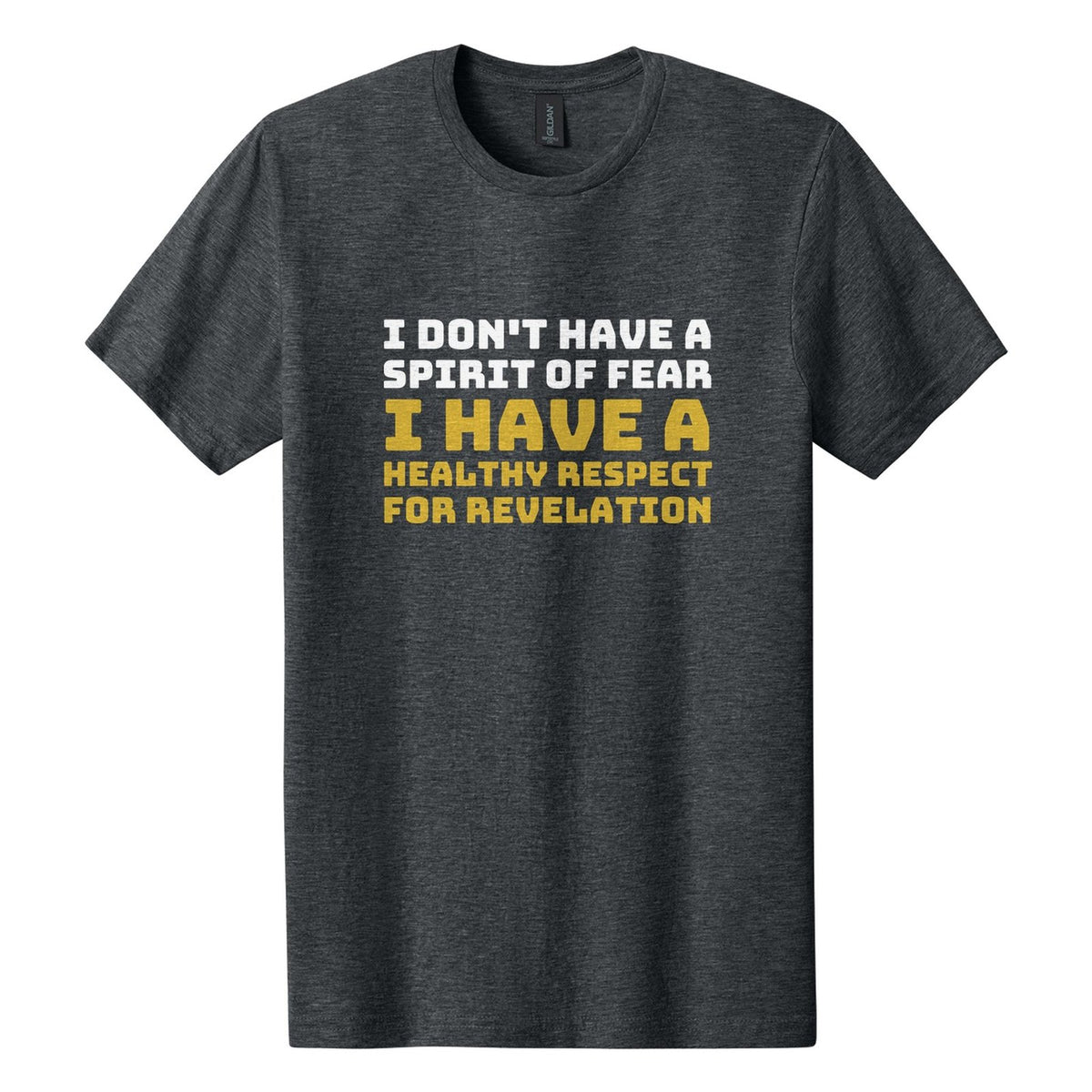 I Don't Have a Spirit of Fear. I Have a Healthy Respect for Revelation tee in Dark Heather, Bungee font, White + Metallic Gold ink