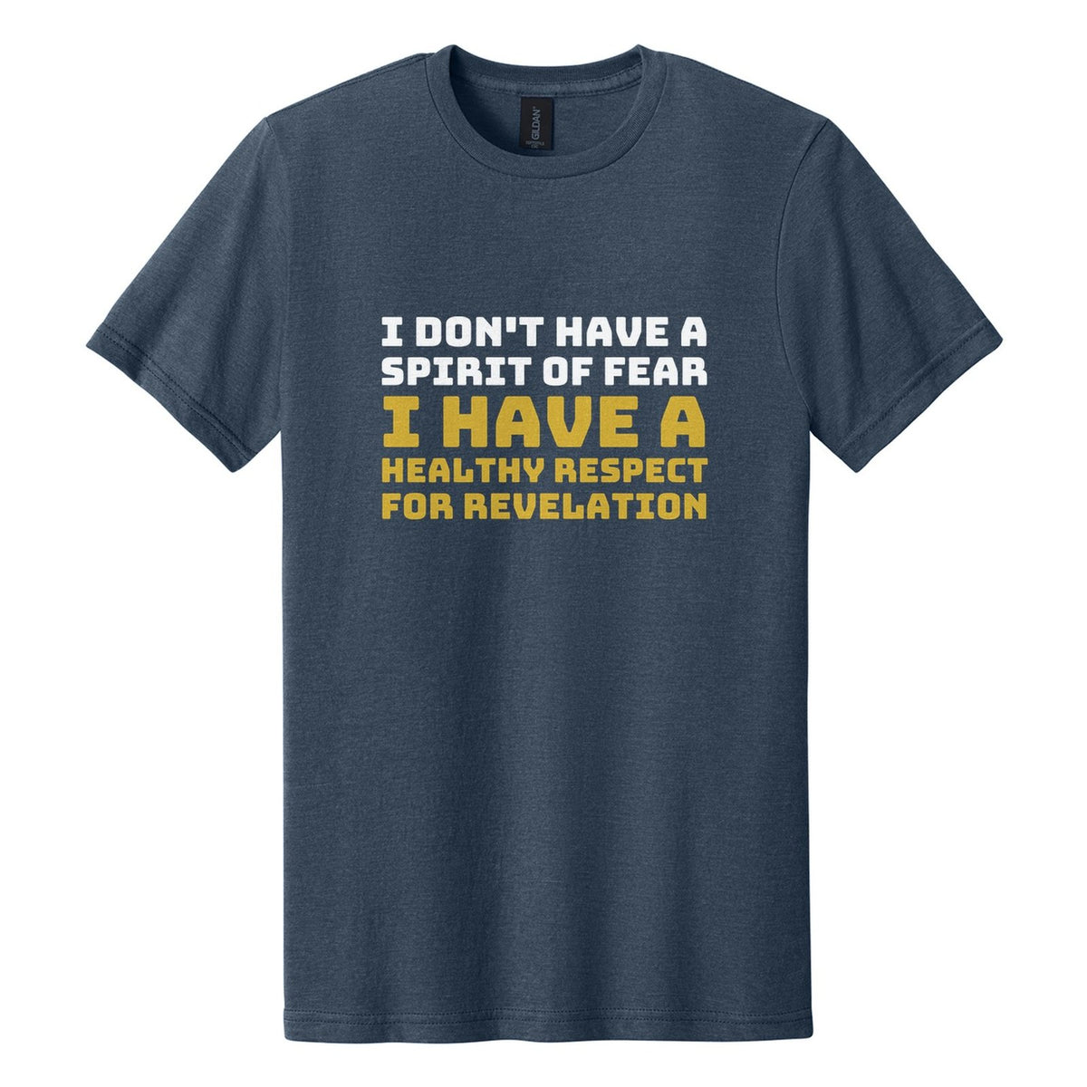 I Don't Have a Spirit of Fear. I Have a Healthy Respect for Revelation tee in Navy Mist, Bungee font, White + Metallic Gold ink