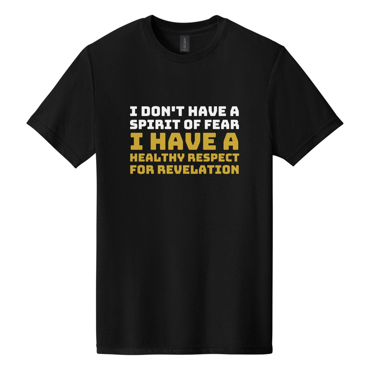I Don't Have a Spirit of Fear. I Have a Healthy Respect for Revelation tee in Pitch Black, Bungee font, White + Metallic Gold ink