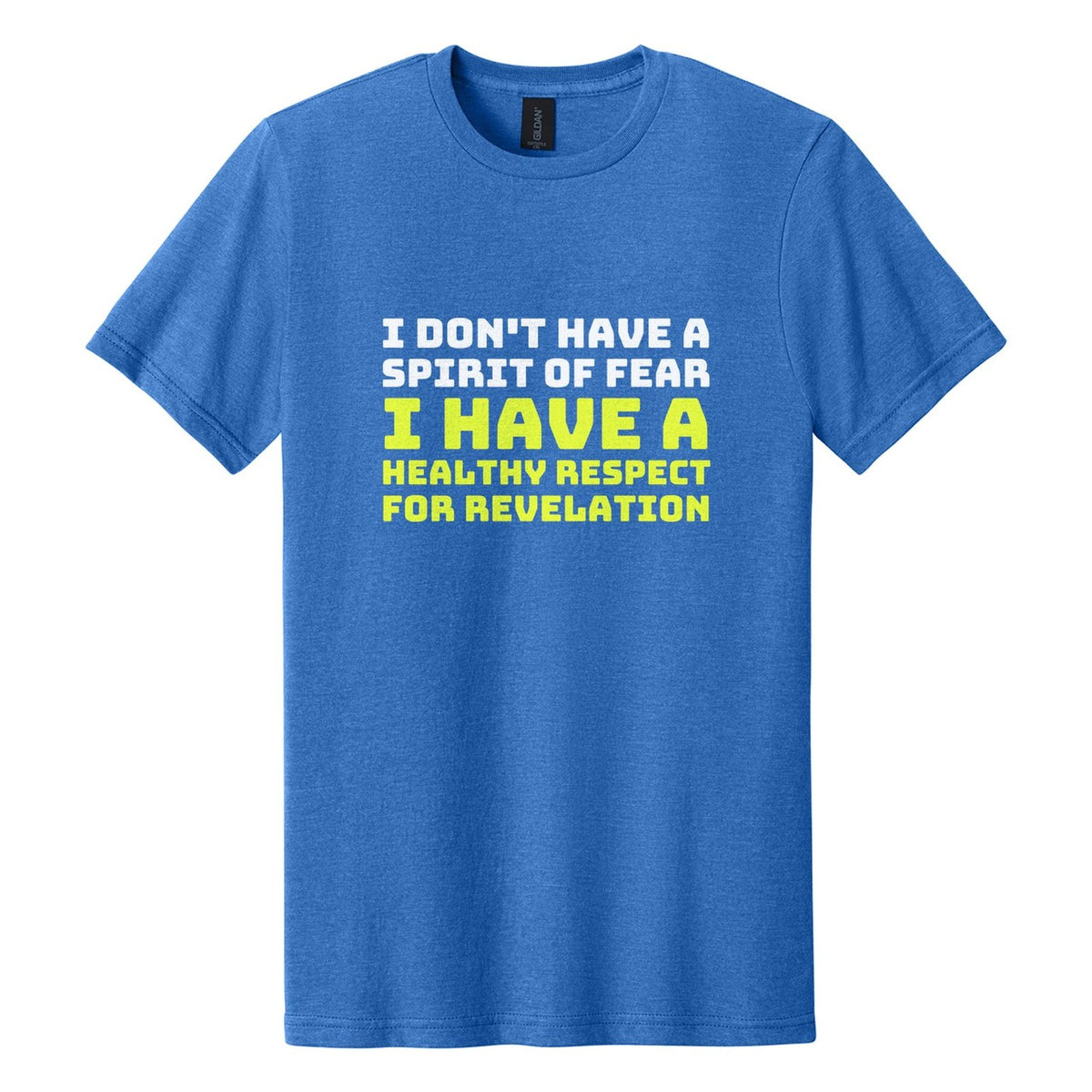 I Don't Have a Spirit of Fear. I Have a Healthy Respect for Revelation tee in Royal Mist, Bungee font, White + Neon Yellow ink