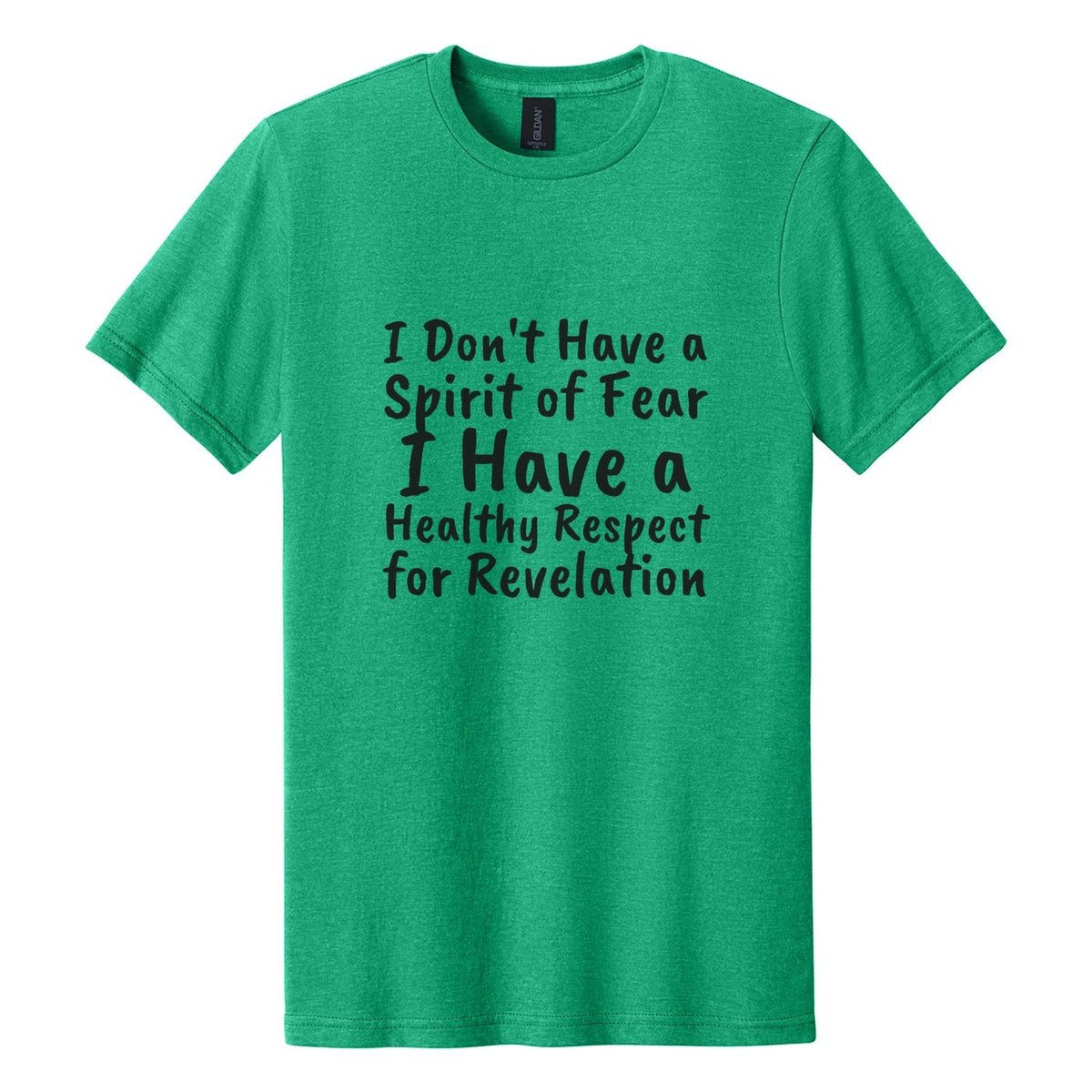 I Don't Have a Spirit of Fear. I Have a Healthy Respect for Revelation tee in Kelly Mist, Caveat Brush font, Black ink