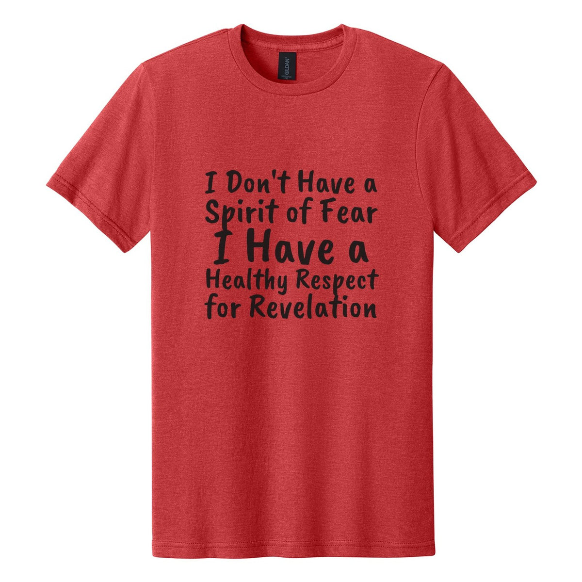 I Don't Have a Spirit of Fear. I Have a Healthy Respect for Revelation tee in Red Mist, Caveat Brush font, Black ink