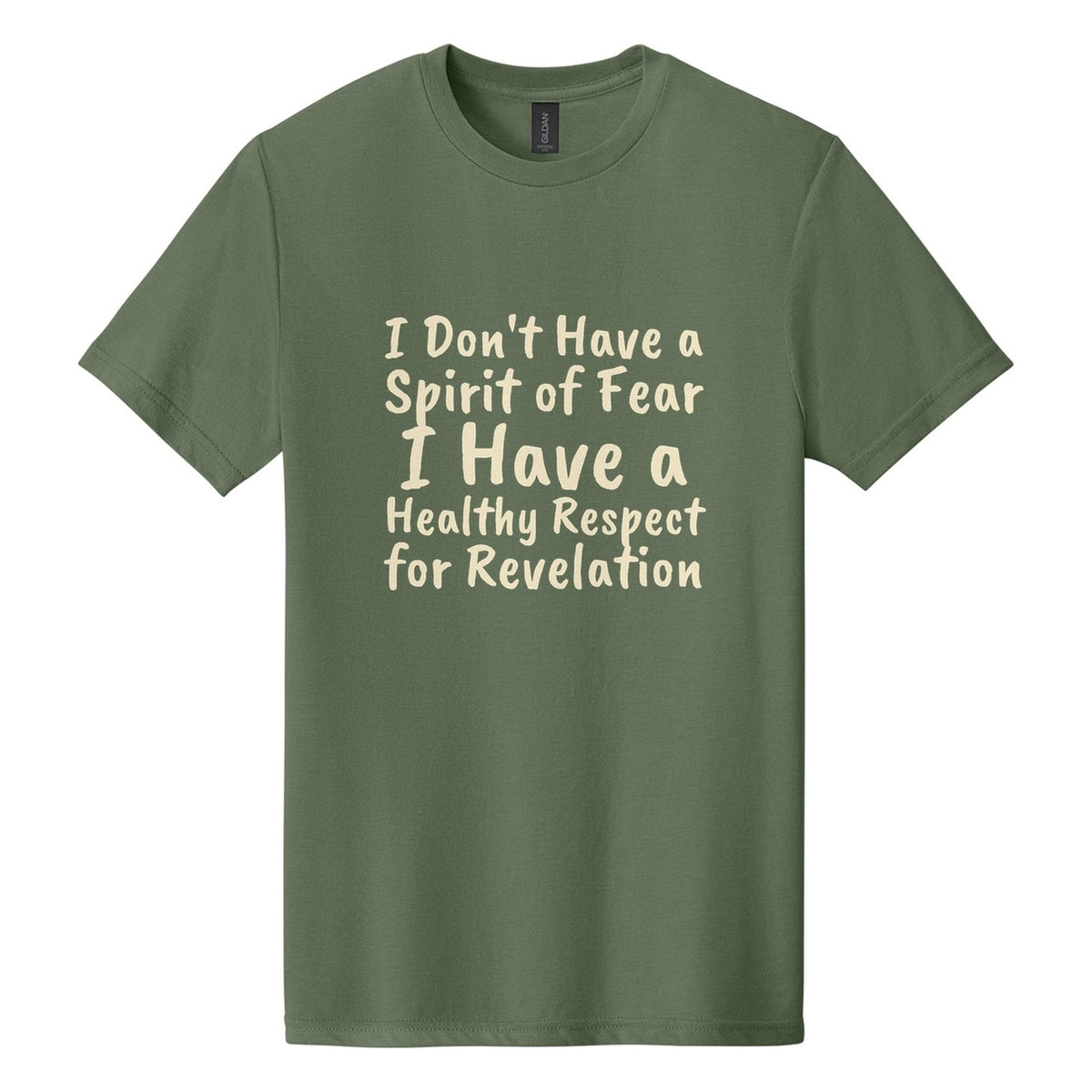 I Don't Have a Spirit of Fear. I Have a Healthy Respect for Revelation tee in Cactus, Caveat Brush font, Cream ink