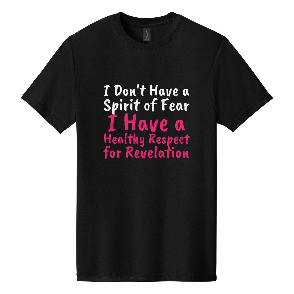 I Don't Have a Spirit of Fear. I Have a Healthy Respect for Revelation tee in Pitch Black, Caveat Brush font, White + Hot Pink ink