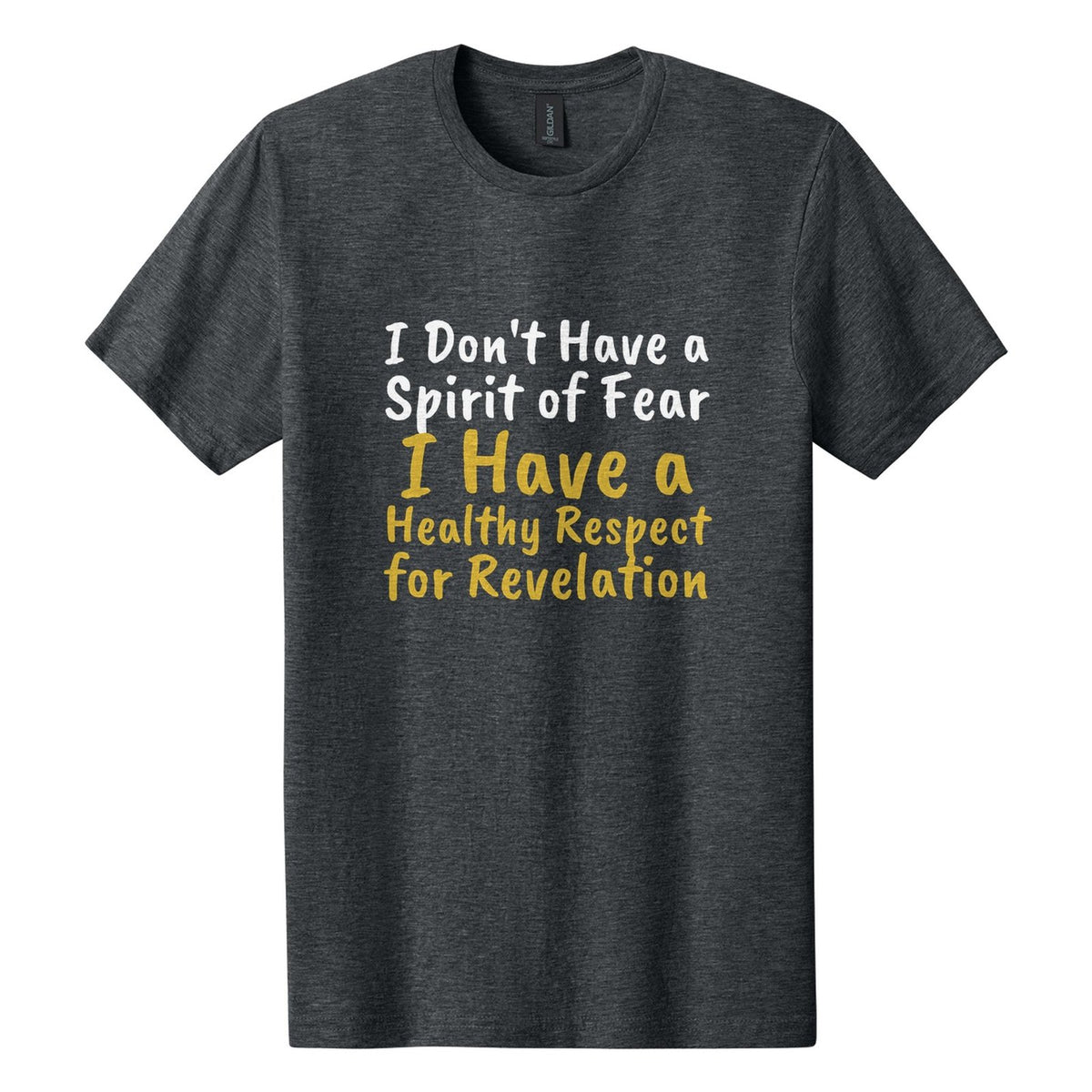 I Don't Have a Spirit of Fear. I Have a Healthy Respect for Revelation tee in Dark Heather, Caveat Brush font, White + Metallic Gold ink