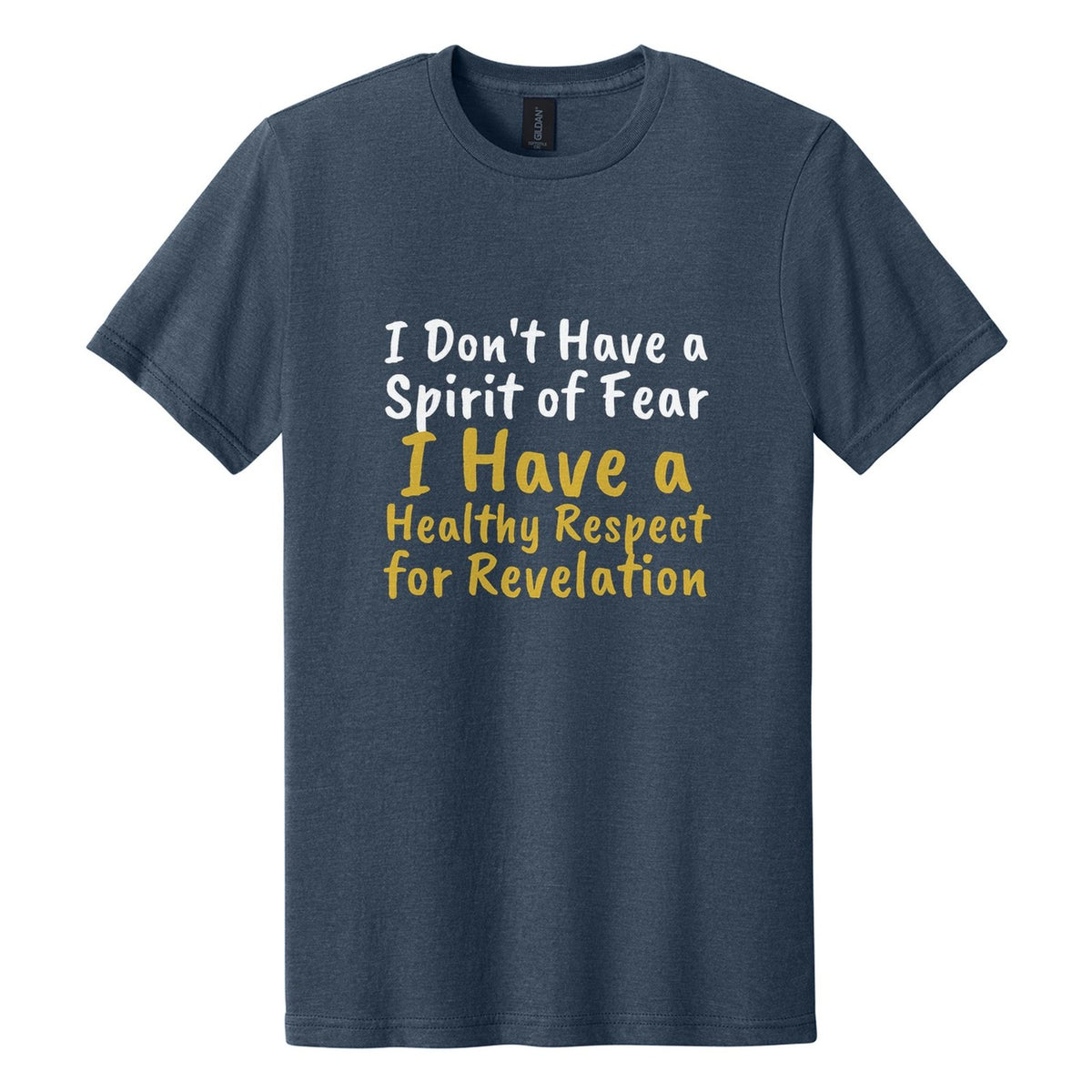 I Don't Have a Spirit of Fear. I Have a Healthy Respect for Revelation tee in Navy Mist, Caveat Brush font, White + Metallic Gold ink