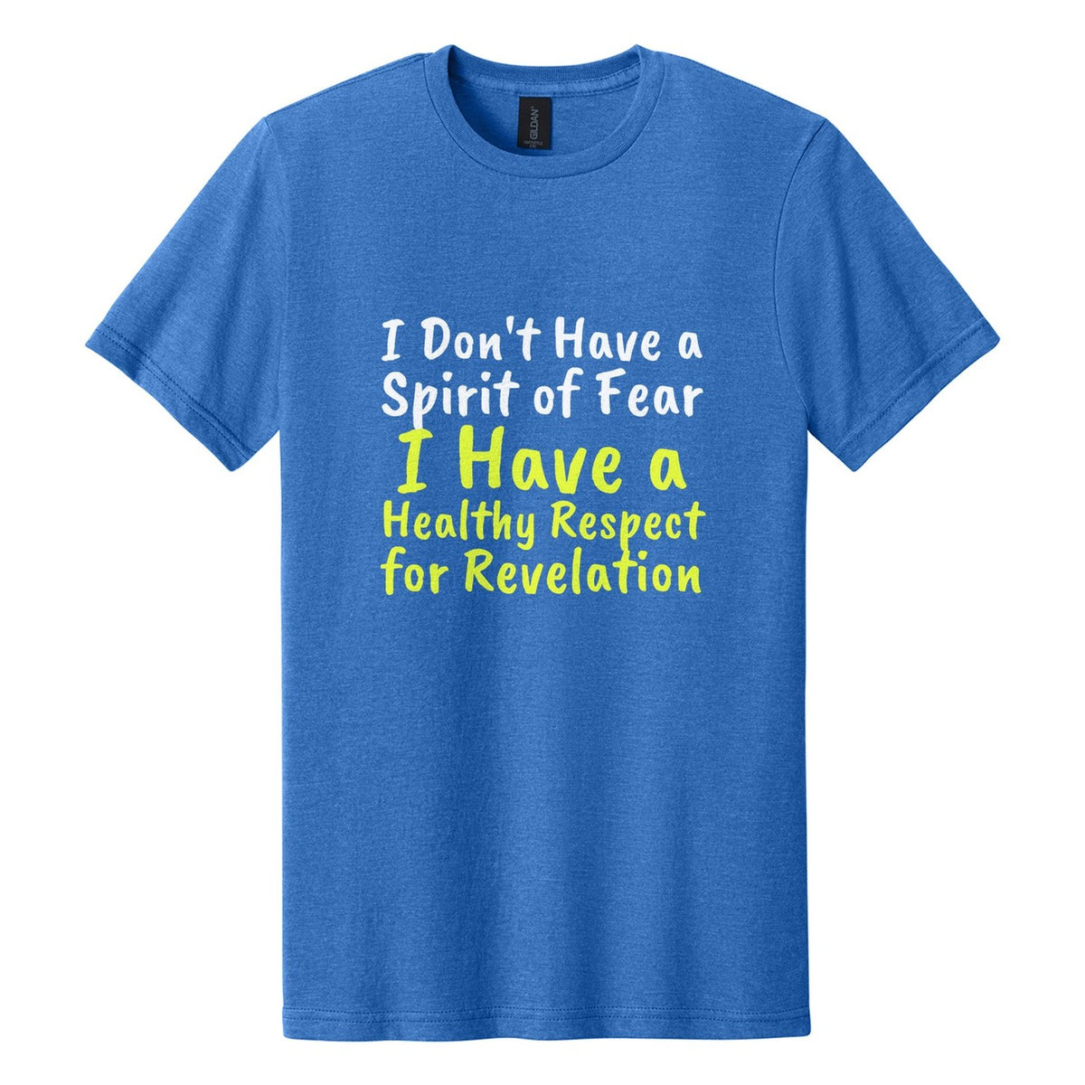 I Don't Have a Spirit of Fear. I Have a Healthy Respect for Revelation tee in Royal Mist, Caveat Brush font, White + Neon Yellow ink