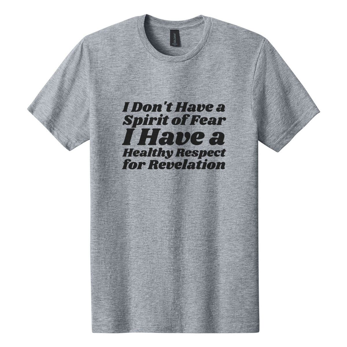 I Don't Have a Spirit of Fear. I Have a Healthy Respect for Revelation tee in Ring Spun Sport Grey, Shrikhand font, Black ink