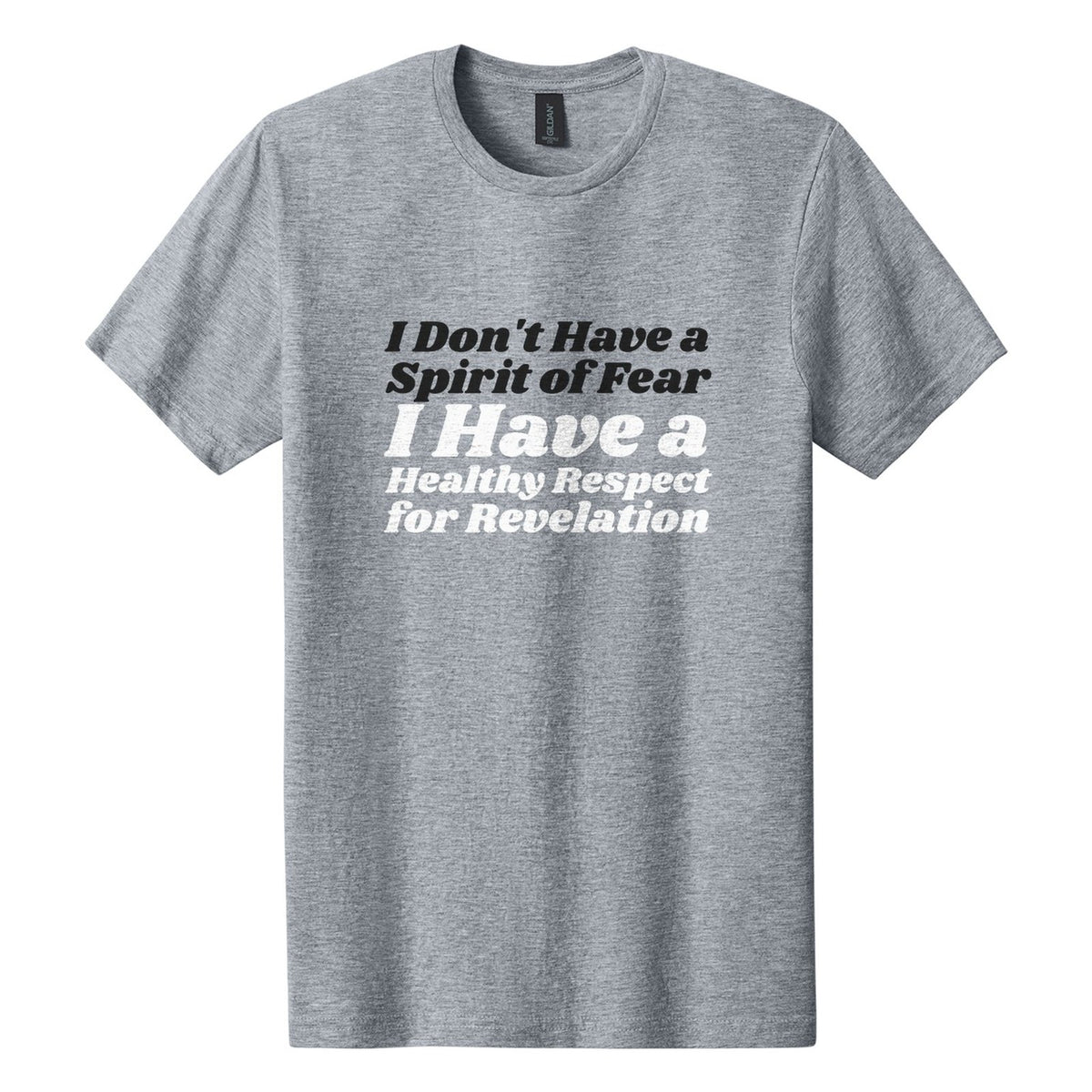 I Don't Have a Spirit of Fear. I Have a Healthy Respect for Revelation tee in Ring Spun Sport Grey, Shrikhand font, Black + White ink