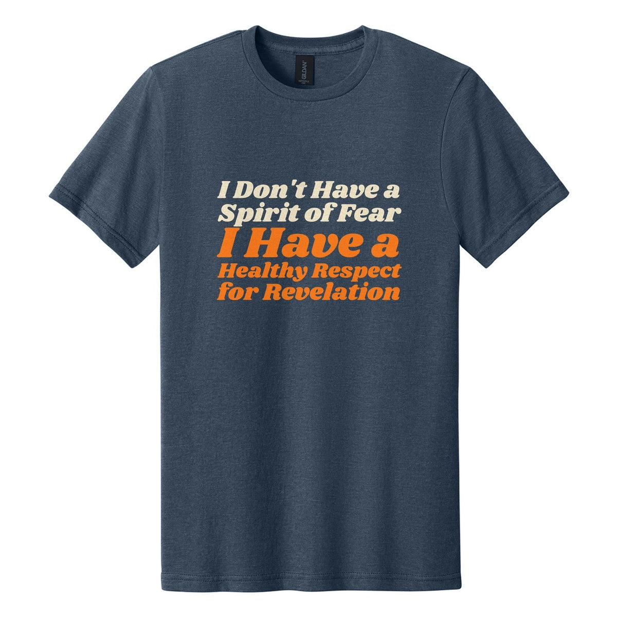 I Don't Have a Spirit of Fear. I Have a Healthy Respect for Revelation tee in Navy Mist, Shrikhand font, Cream + Orange ink