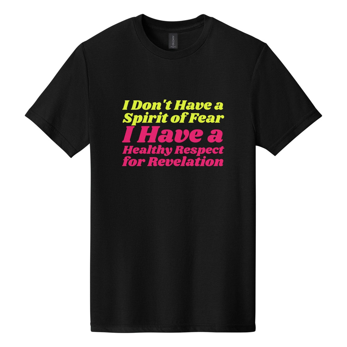 I Don't Have a Spirit of Fear. I Have a Healthy Respect for Revelation tee in Pitch Black, Shrikhand font, Neon Yellow + Hot Pink ink