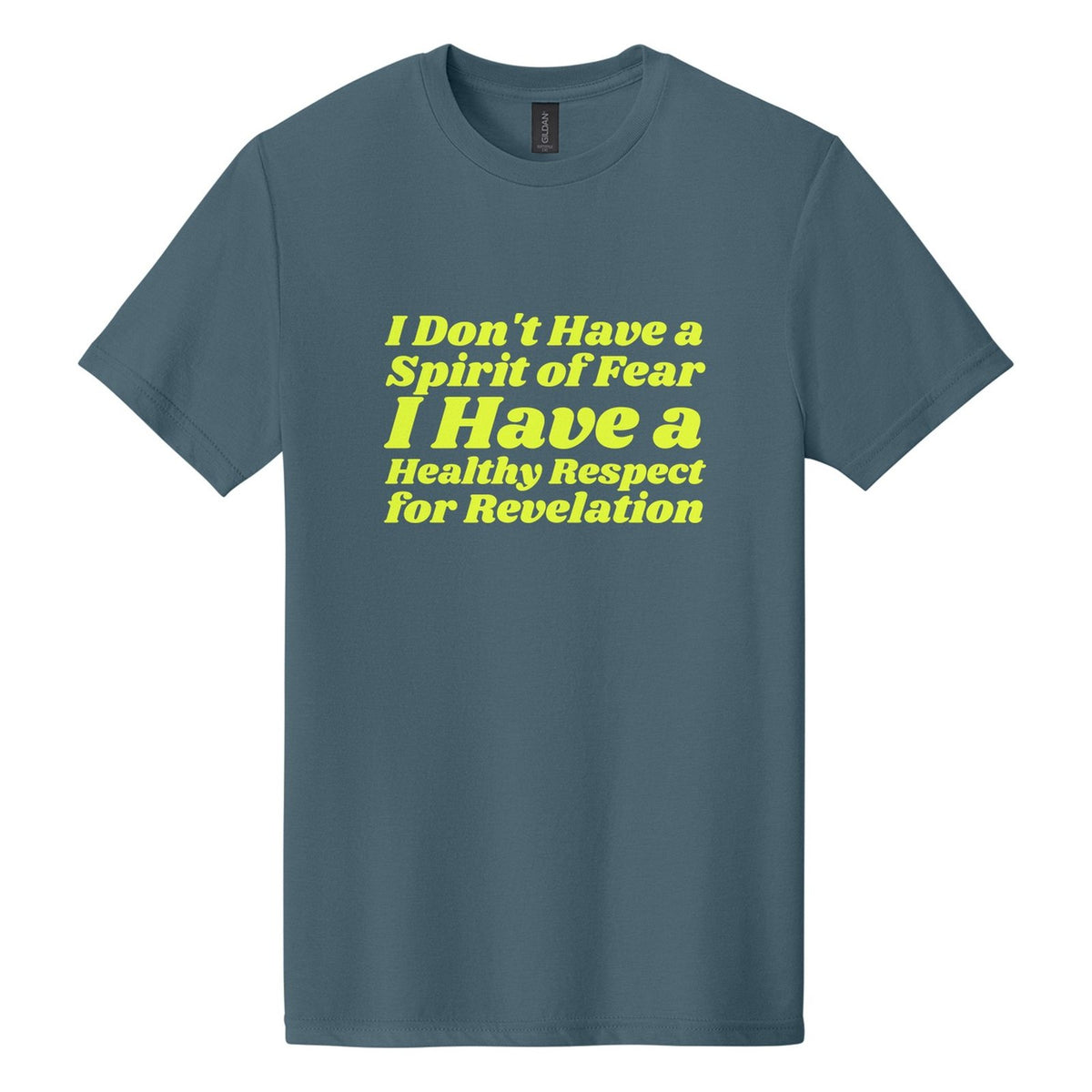 I Don't Have a Spirit of Fear. I Have a Healthy Respect for Revelation tee in Steel Blue, Shrikhand font, Neon Yellow ink