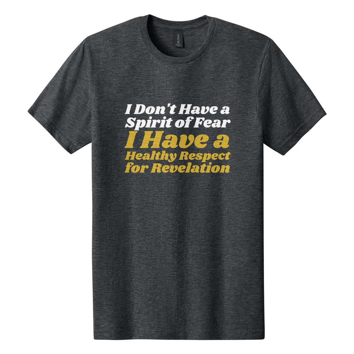 I Don't Have a Spirit of Fear. I Have a Healthy Respect for Revelation tee in Dark Heather, Shrikhand font, White + Metallic Gold ink