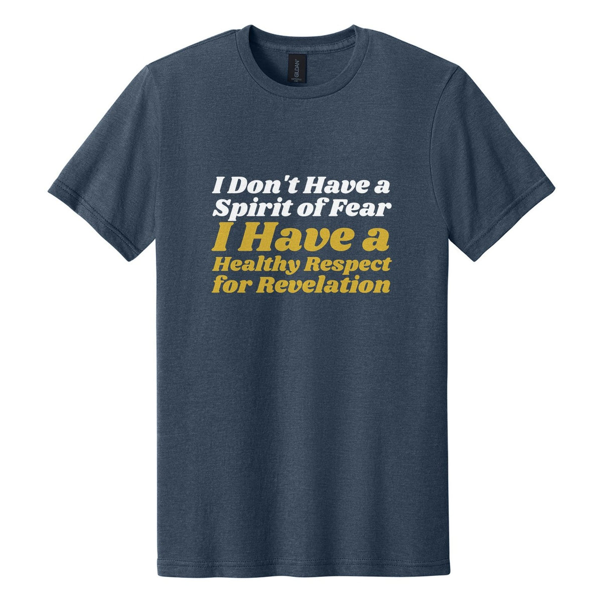 I Don't Have a Spirit of Fear. I Have a Healthy Respect for Revelation tee in Navy Mist, Shrikhand font, White + Metallic Gold ink