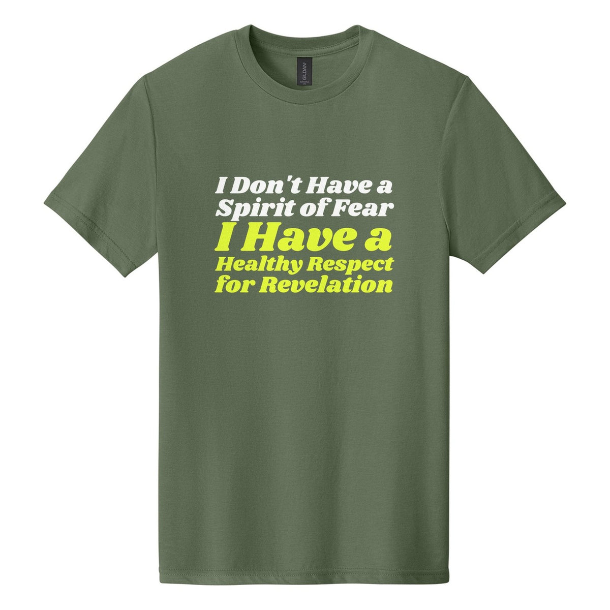 I Don't Have a Spirit of Fear. I Have a Healthy Respect for Revelation tee in Cactus, Shrikhand font, White + Neon Yellow ink