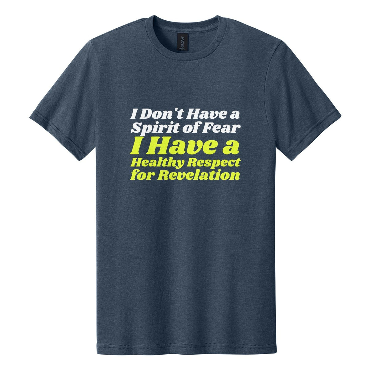 I Don't Have a Spirit of Fear. I Have a Healthy Respect for Revelation tee in Navy Mist, Shrikhand font, White + Neon Yellow ink