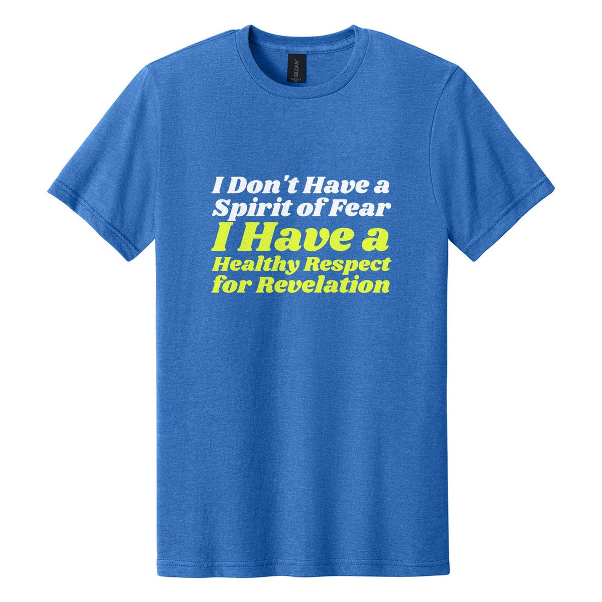 I Don't Have a Spirit of Fear. I Have a Healthy Respect for Revelation tee in Royal Mist, Shrikhand font, White + Neon Yellow ink