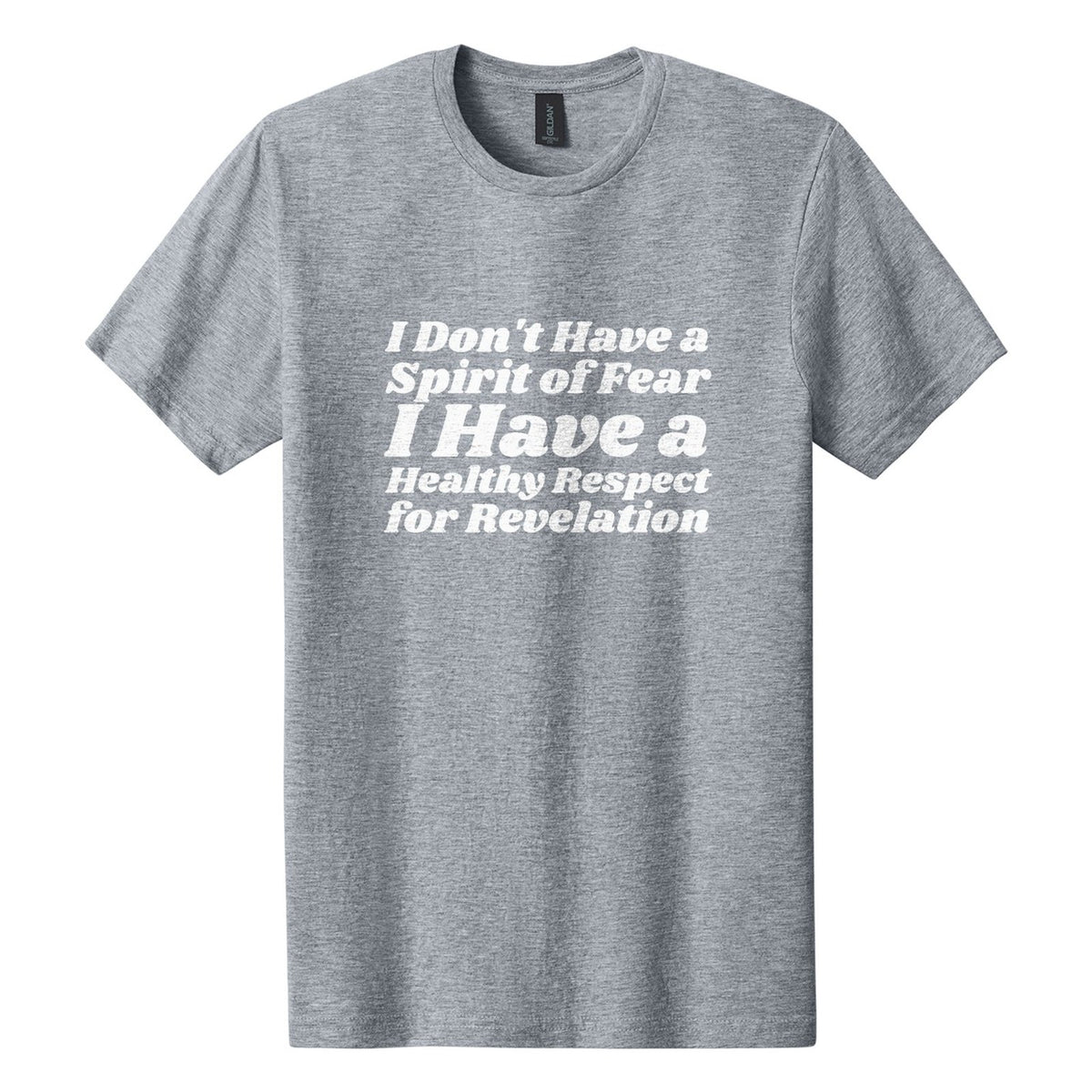 I Don't Have a Spirit of Fear. I Have a Healthy Respect for Revelation tee in Ring Spun Sport Grey, Shrikhand font, White ink