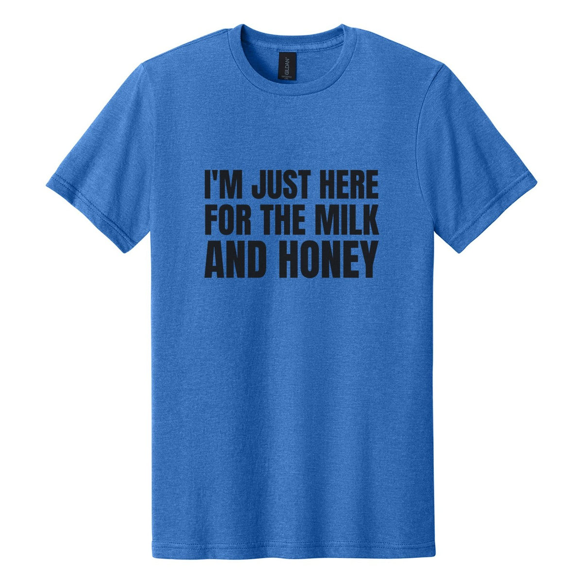 I'm Just Here for the Milk and Honey tee in Royal Mist, Anton font, Black ink