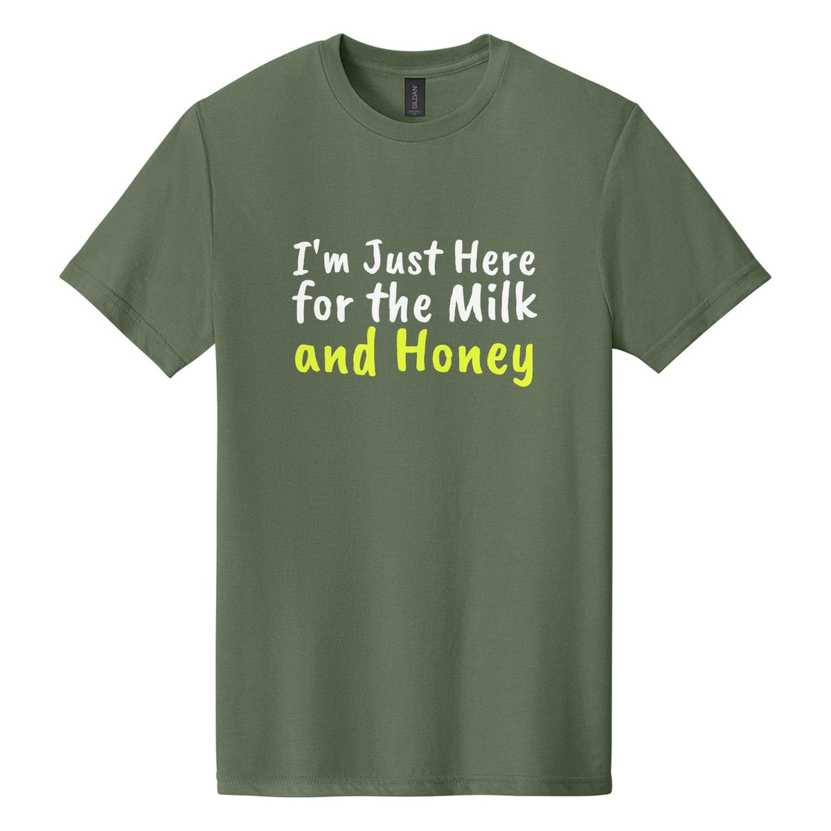 I'm Just Here for the Milk and Honey tee in Cactus, Caveat Brush font, White + Neon Yellow ink