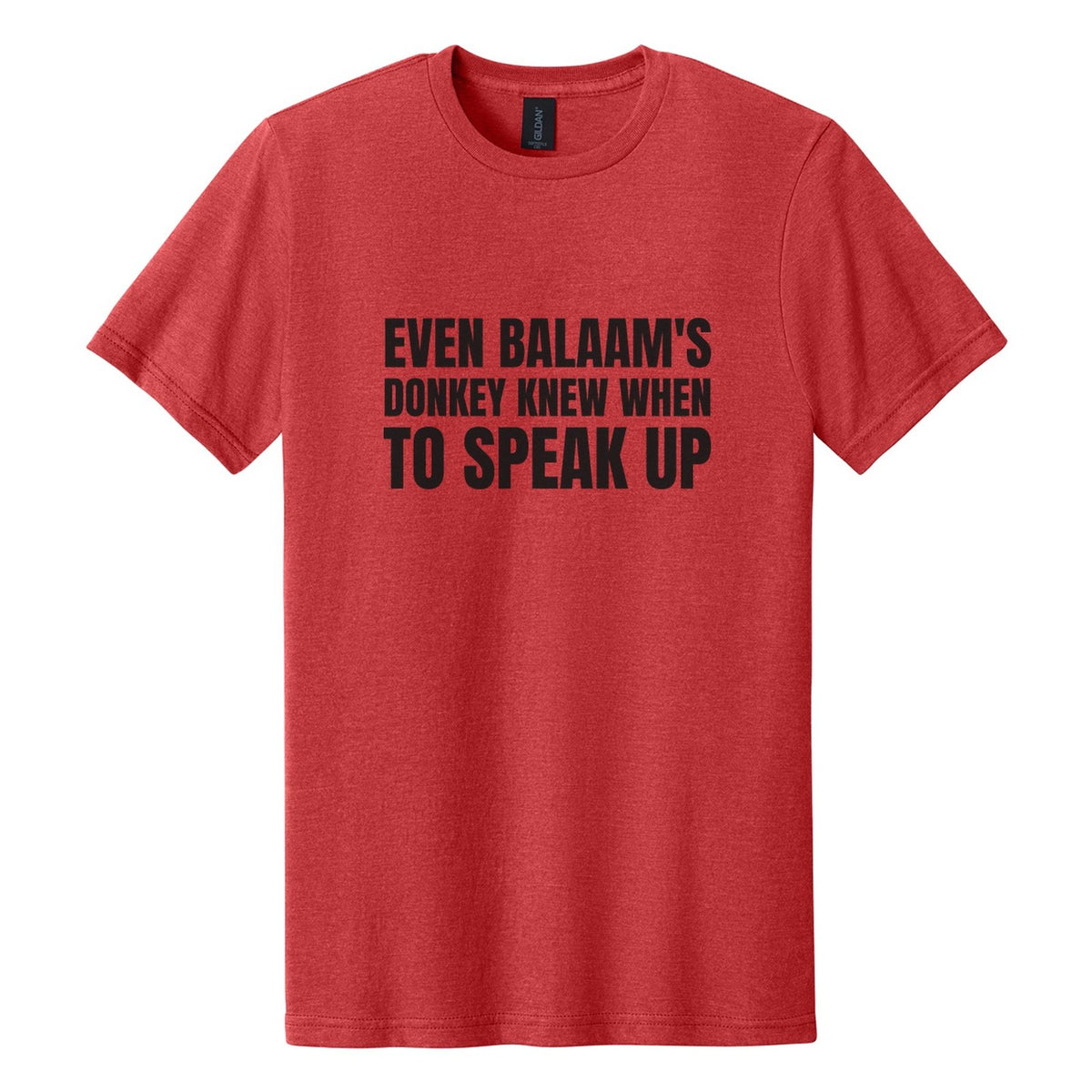 Even Balaam's Donkey Knew When to Speak Up tee in Red Mist, Anton font, Black ink