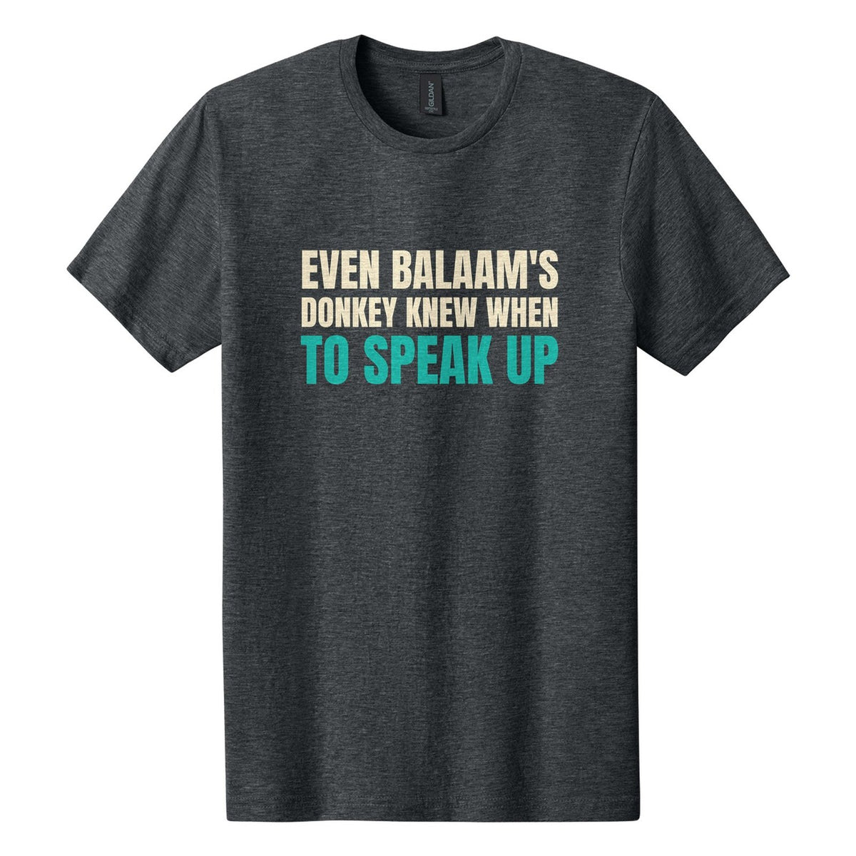 Even Balaam's Donkey Knew When to Speak Up tee in Dark Heather, Anton font, Cream + Teal ink