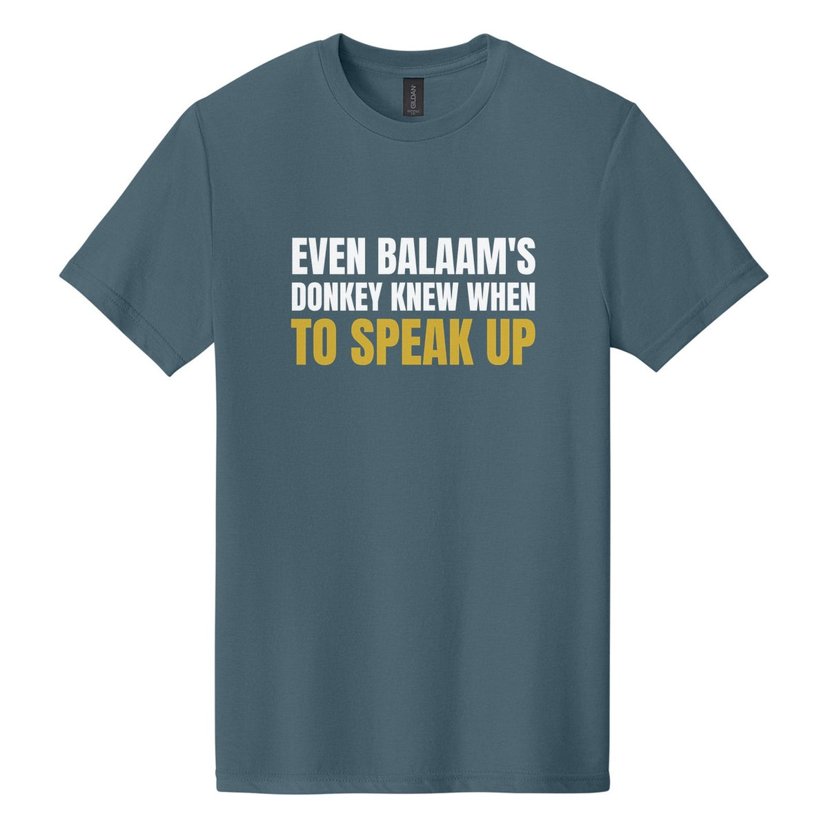 Even Balaam's Donkey Knew When to Speak Up tee in Steel Blue, Anton font, White + Metallic Gold ink