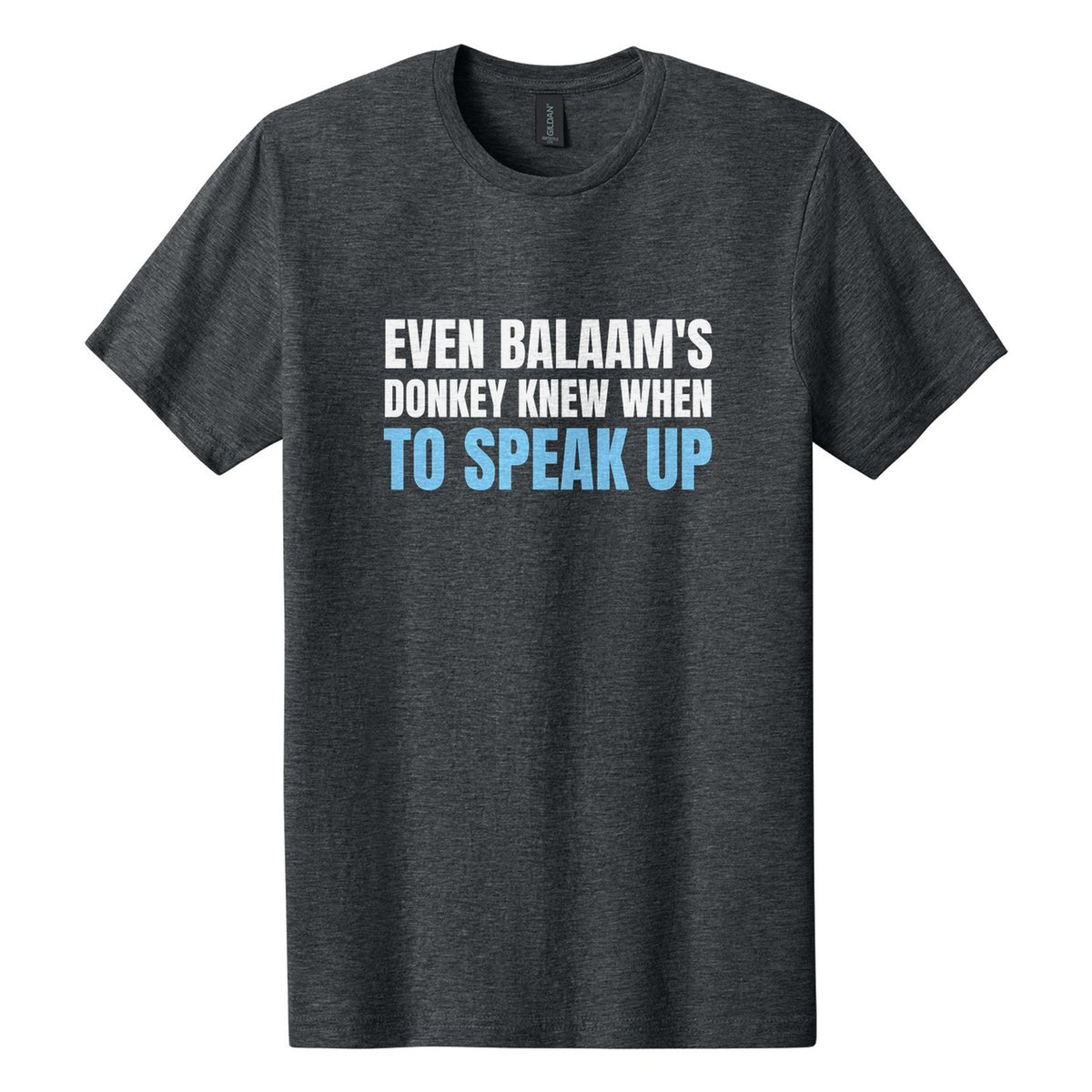 Even Balaam's Donkey Knew When to Speak Up tee in Dark Heather, Anton font, White + Sky Blue ink