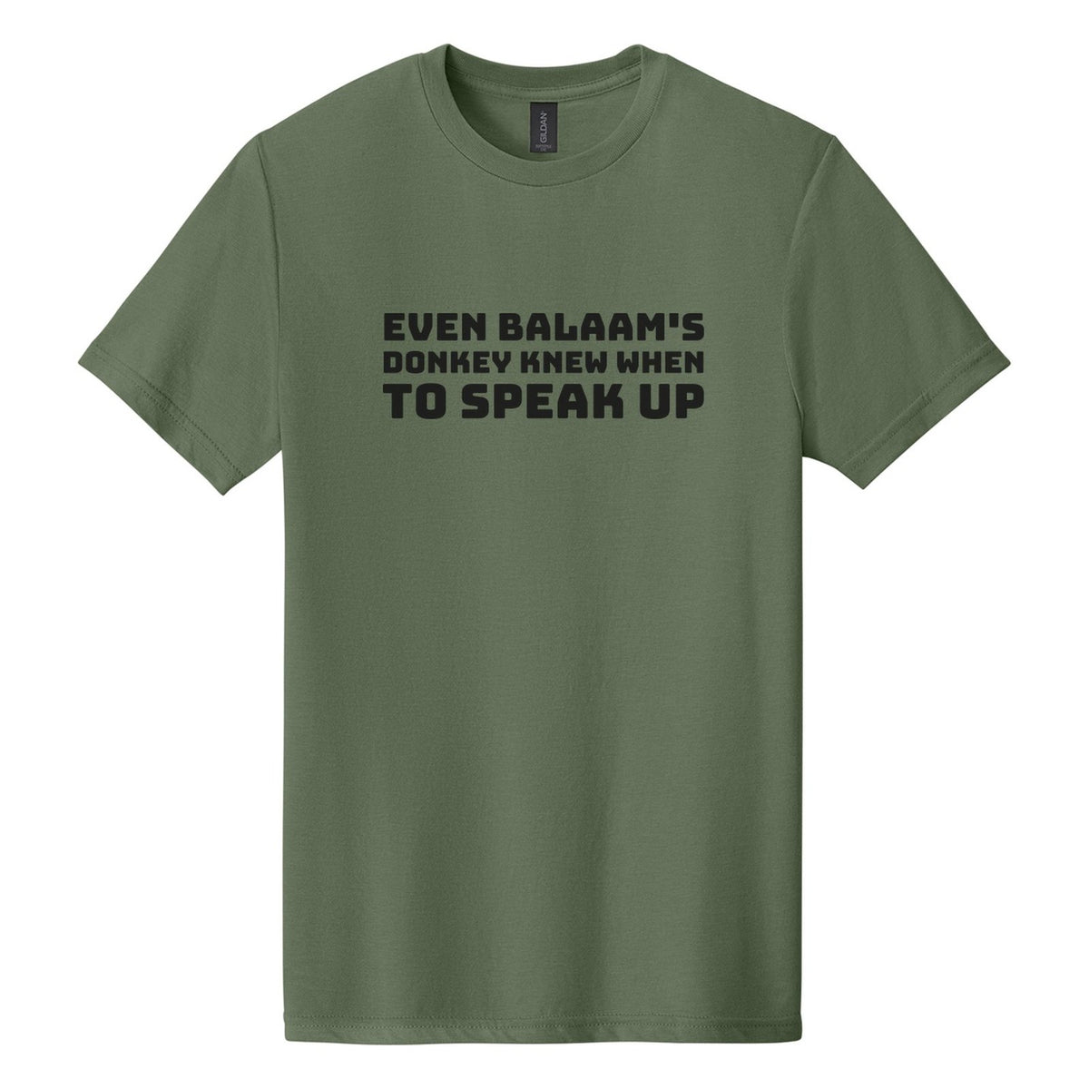 Even Balaam's Donkey Knew When to Speak Up tee in Cactus, Bungee font, Black ink