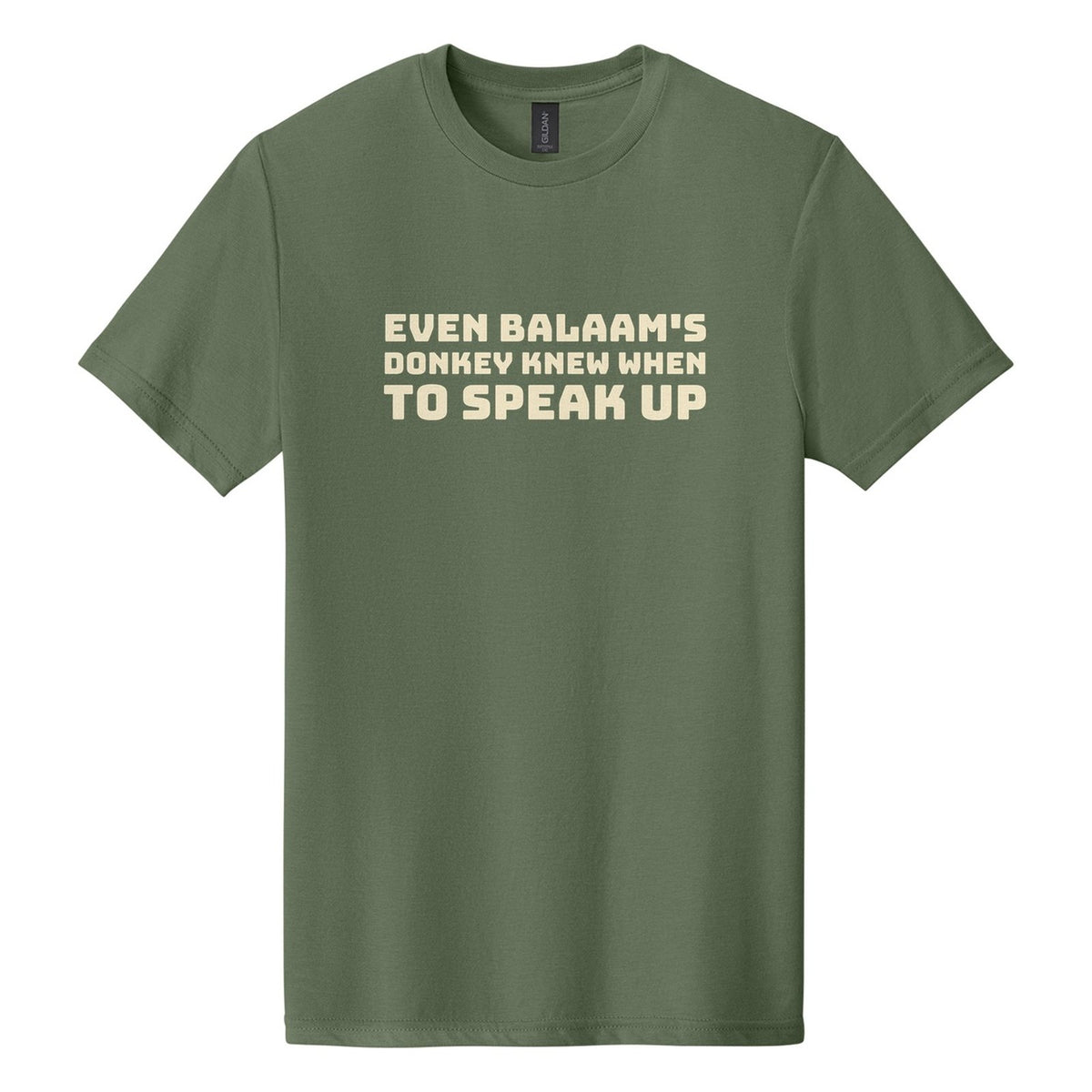 Even Balaam's Donkey Knew When to Speak Up tee in Cactus, Bungee font, Cream ink